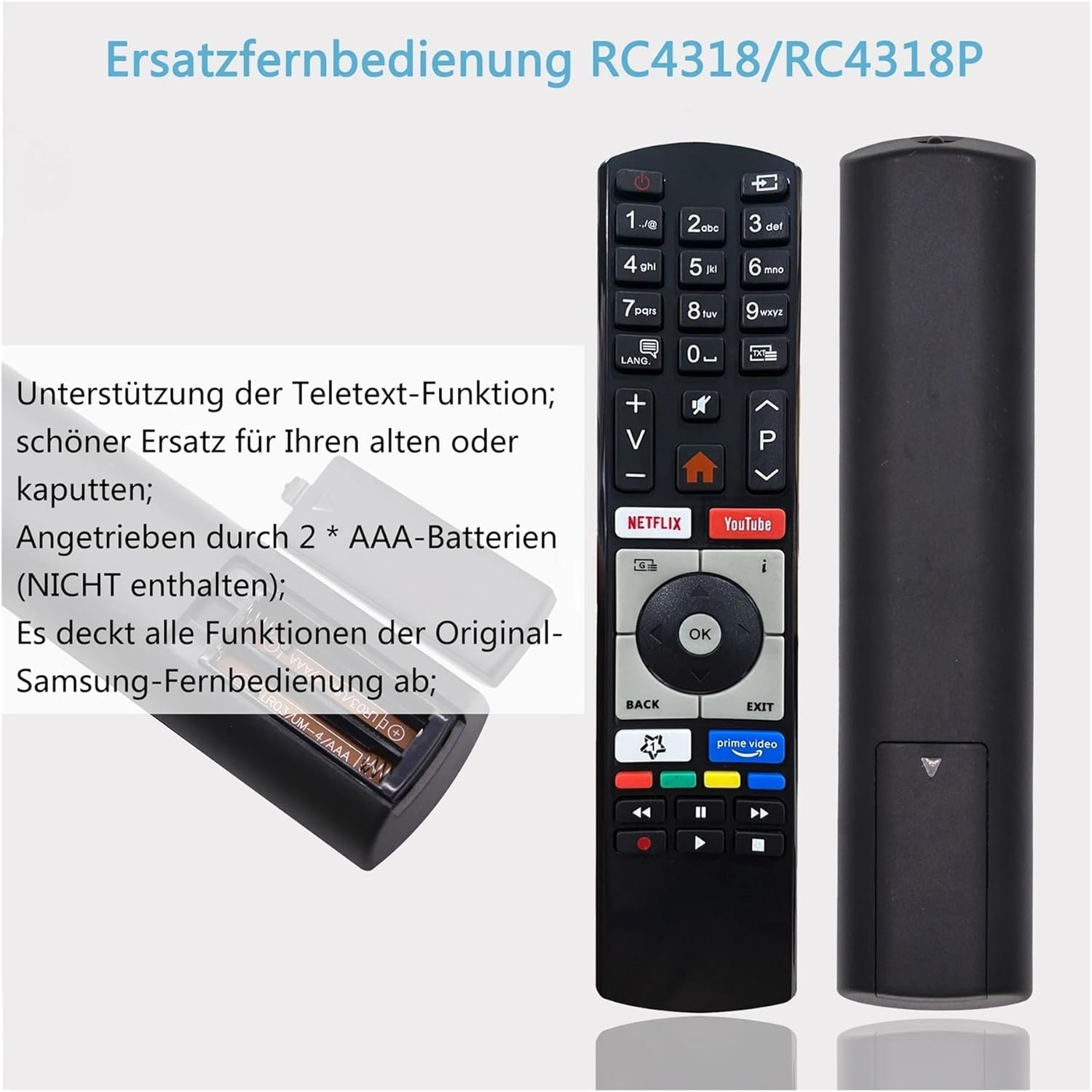 Zwei schwarze Fernbedienungen nebeneinander, eine mit Tasten, die andere glatt.
