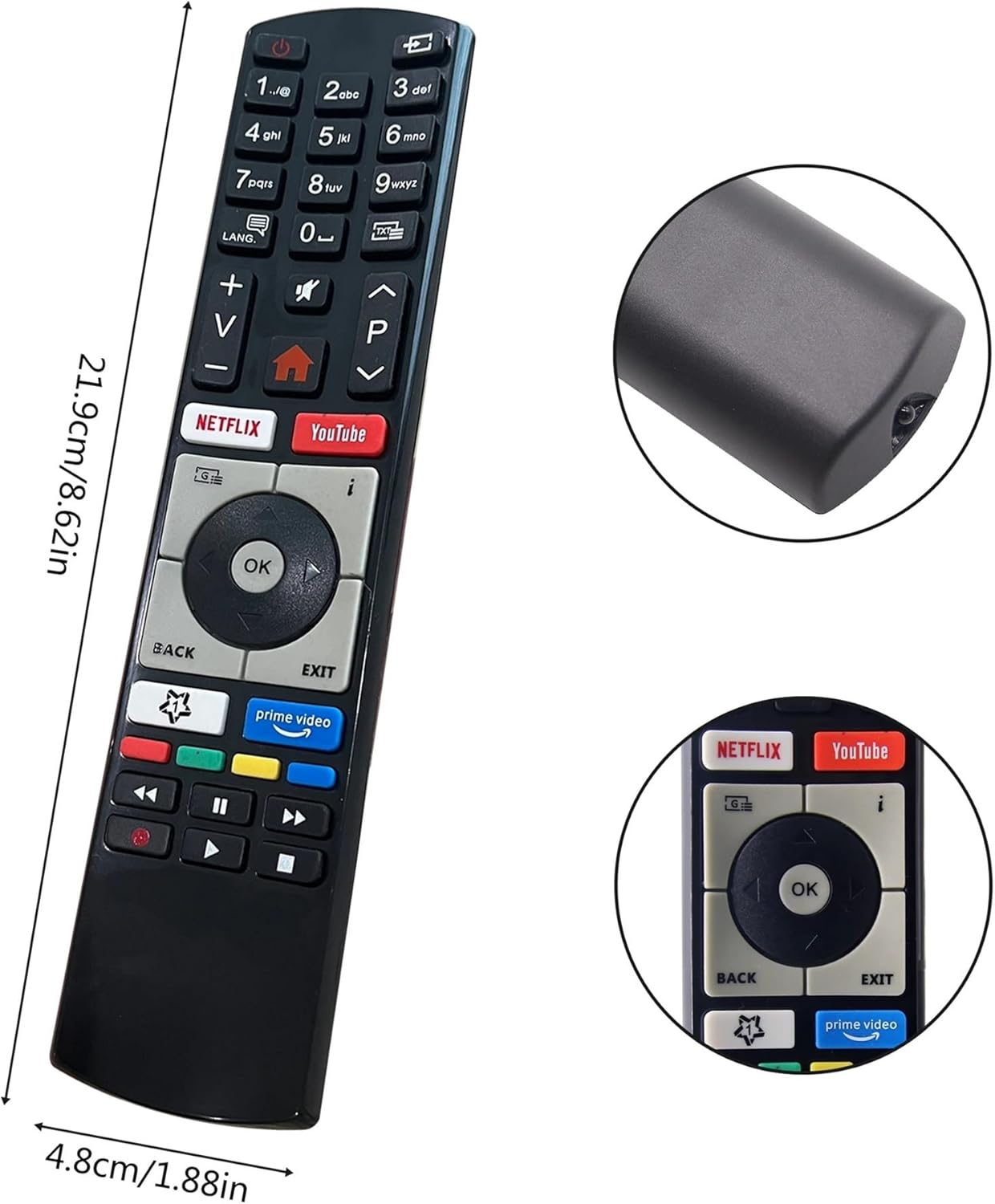 Schwarze Fernbedienung mit Tasten für Netflix, YouTube, Prime Video.