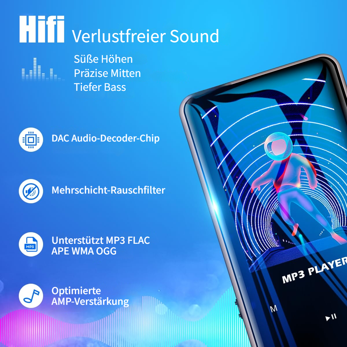 Hifi-Player mit Sound-Features: Höhen, Mitten, Bass, DAC, Rauschfilter, Formate.
