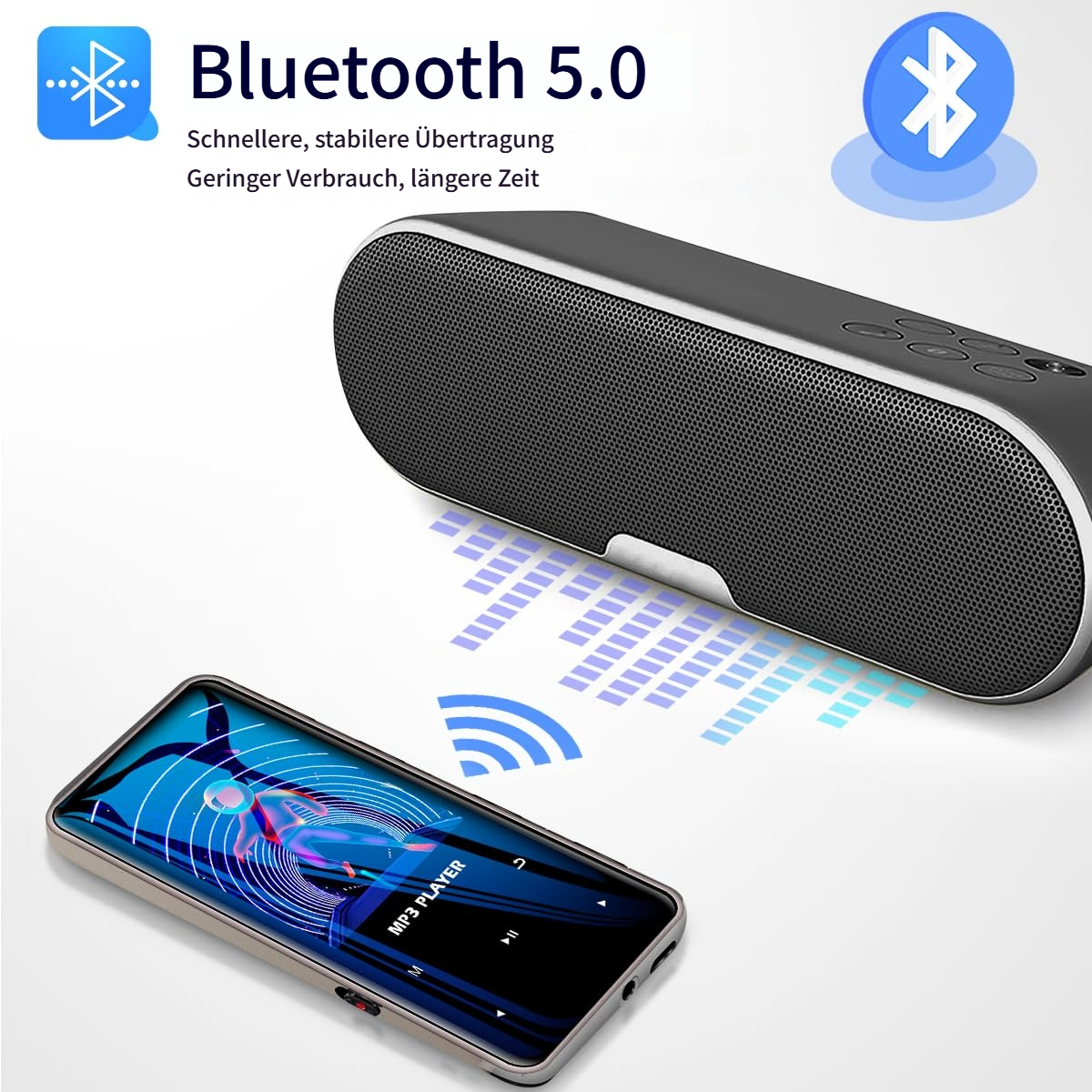 Ein Smartphone verbindet sich über Bluetooth 5.0 mit einem Lautsprecher.