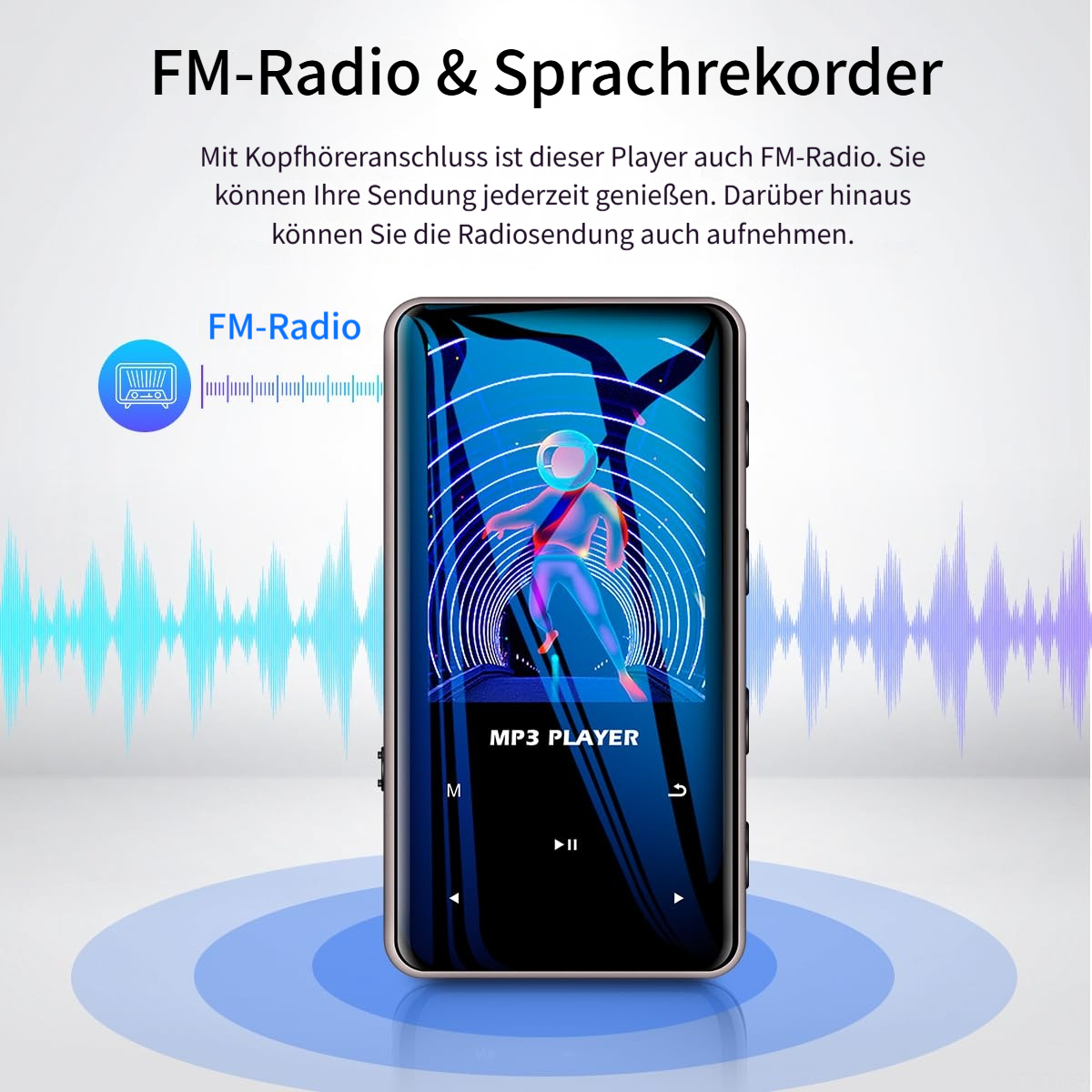 Ein Smartphone zeigt einen Astronauten und Wellenformen. FM-Radio & MP3 Player.