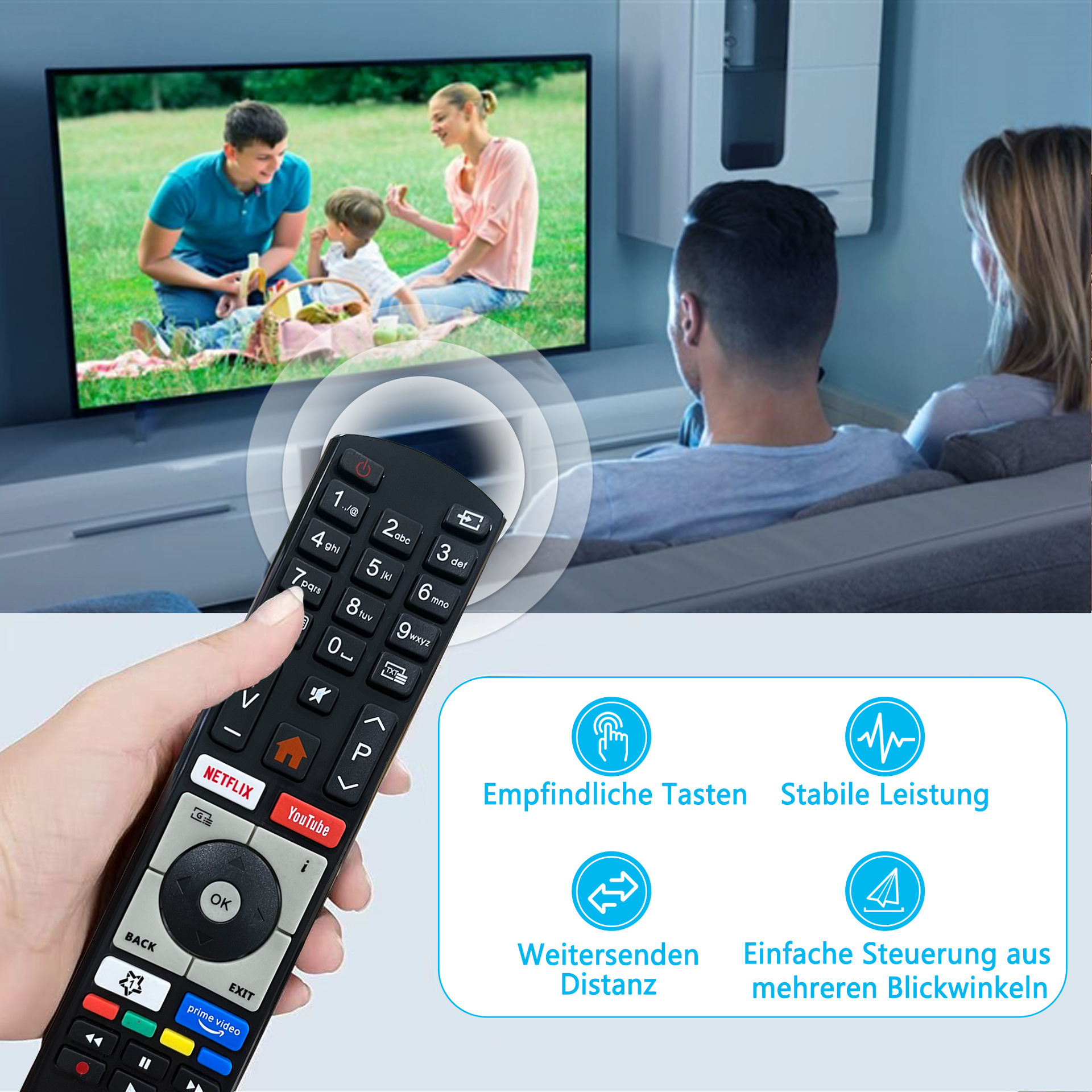 Eine Hand hält eine Fernbedienung vor einem Fernseher, der eine Familie zeigt.