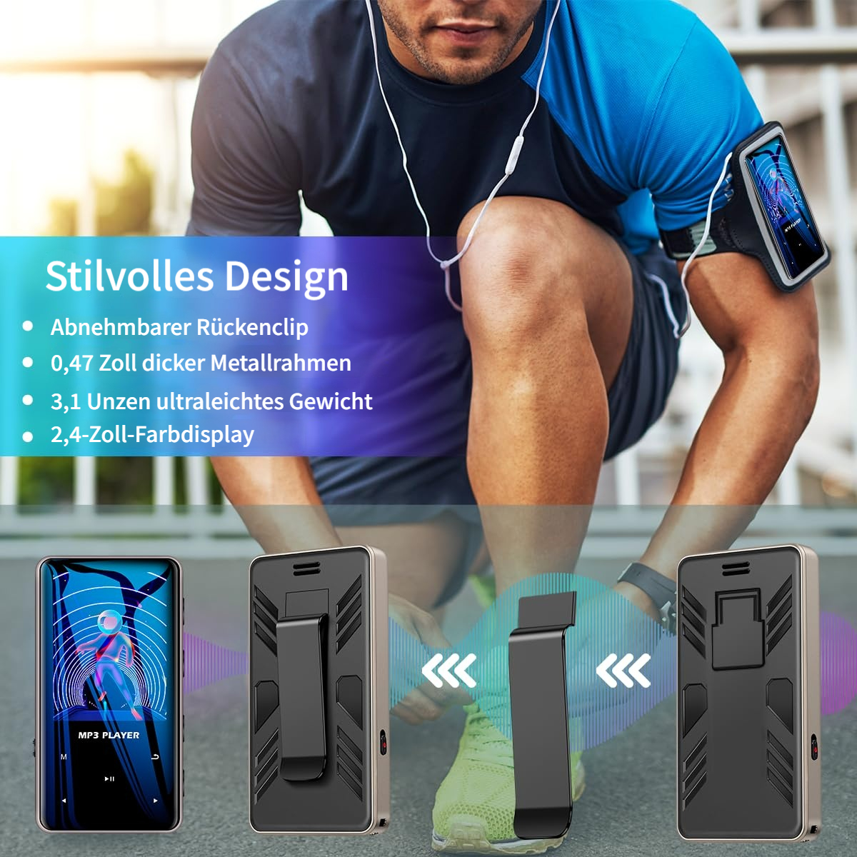 Mann bindet Schuhe, MP3 Player mit Clip-Funktion und Spezifikationen.