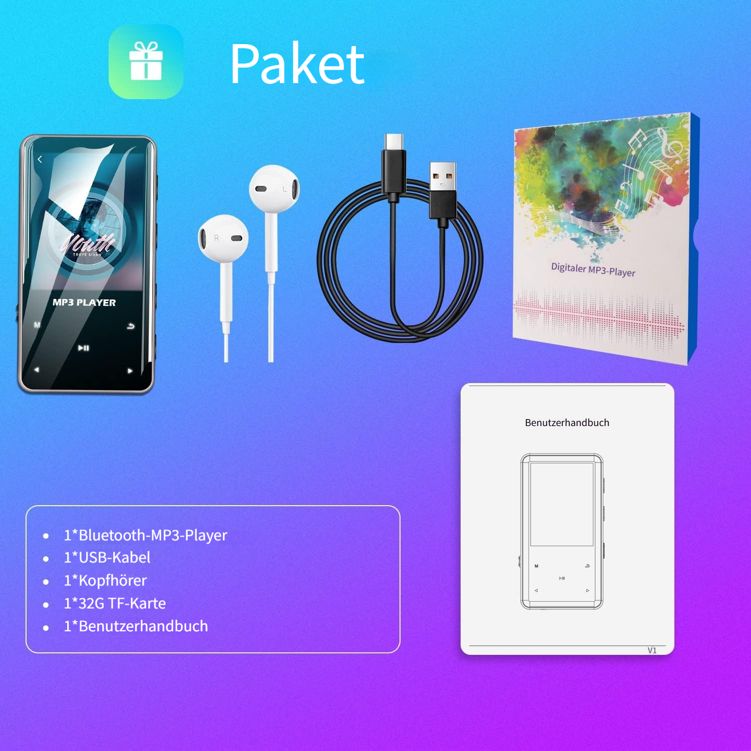 Ein Paket mit MP3-Player, Kopfhörern, USB-Kabel und Handbuch.