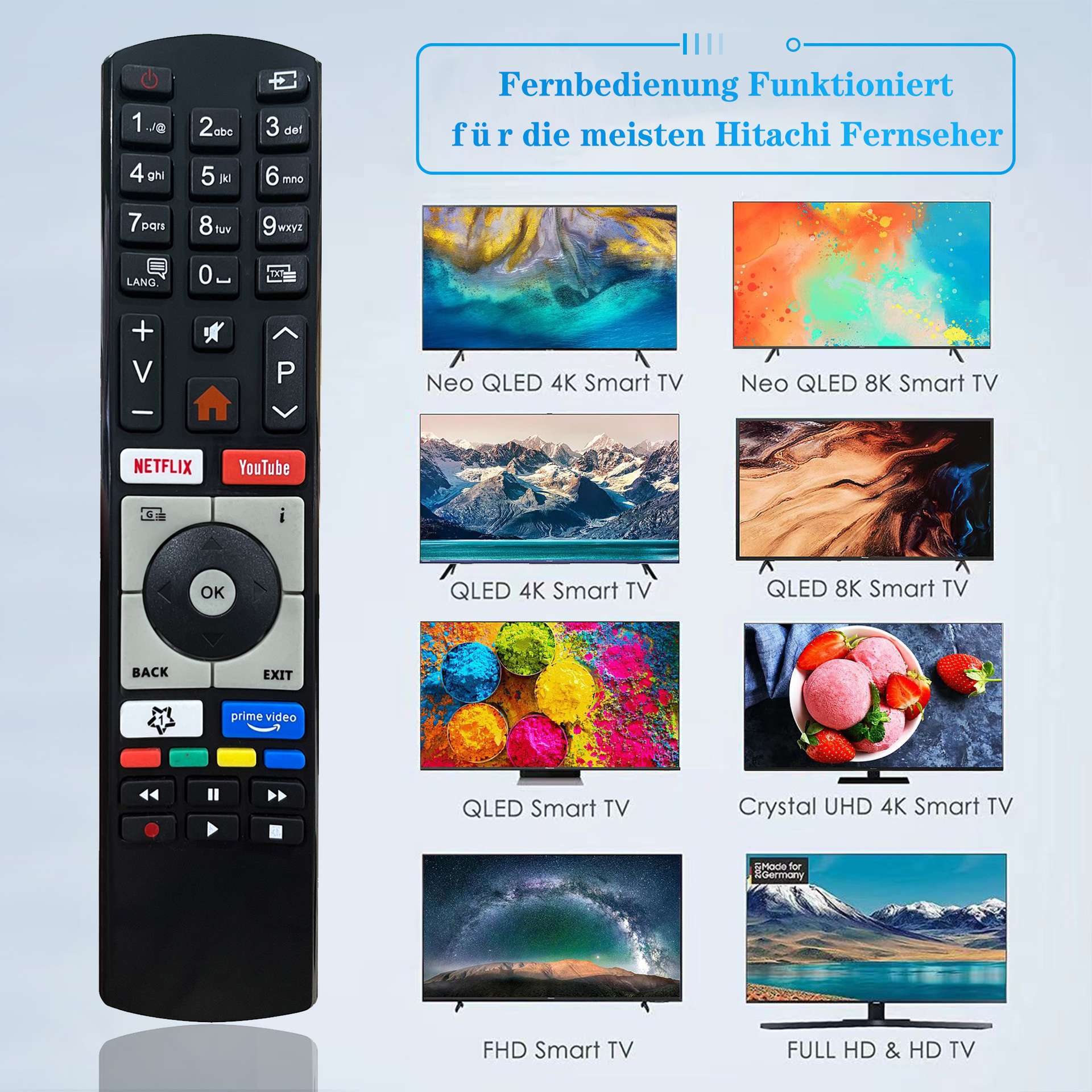 Ein schwarzer Fernbedienung mit Tasten und ein Display mit TV-Bildern.