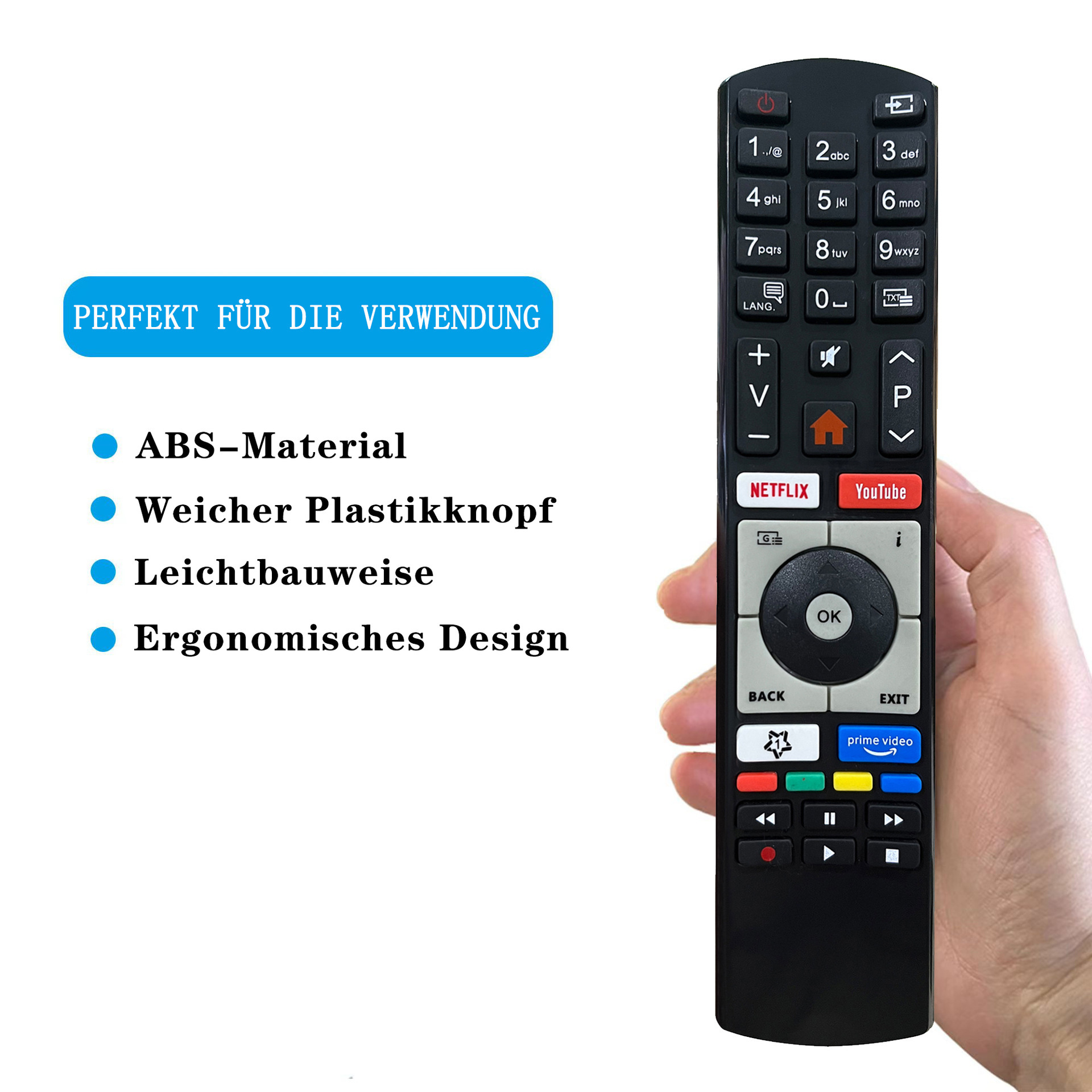 Eine schwarze Fernbedienung mit Tasten für Netflix, YouTube und Prime Video.