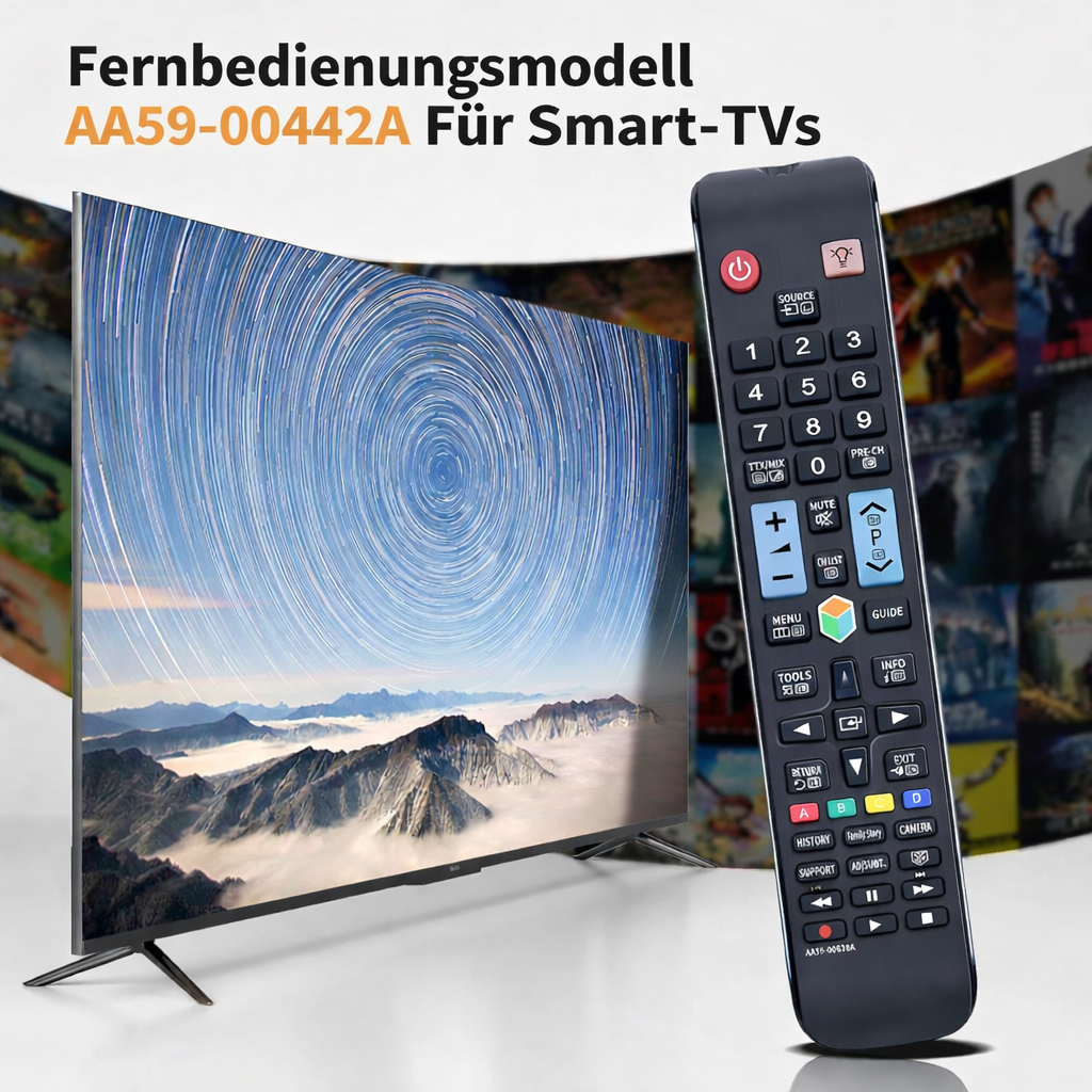 Ein Smart-TV mit einem sternenklaren Nachthimmel und eine Fernbedienung daneben.