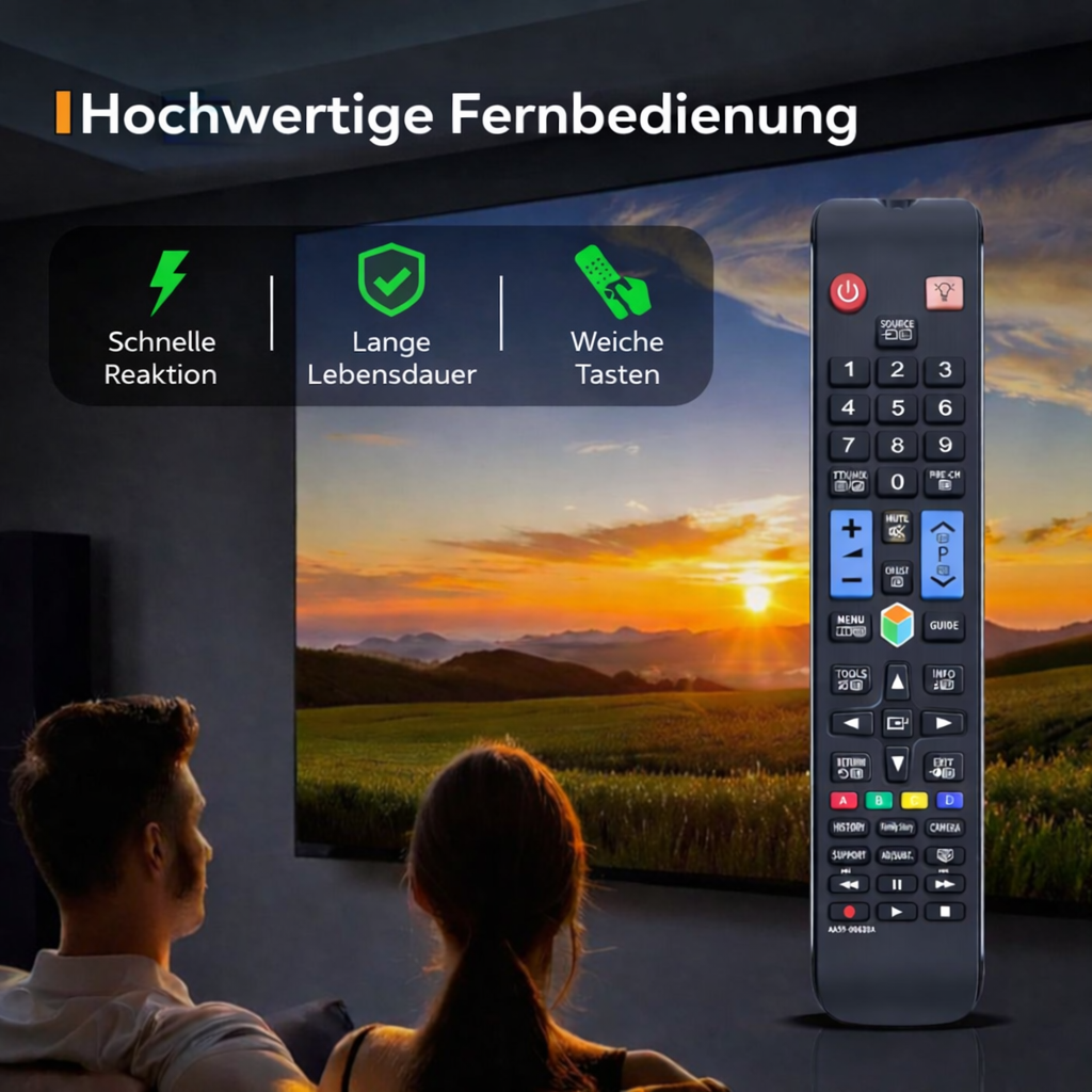 Ein Paar schaut einen Sonnenuntergang auf einem Fernseher, eine Fernbedienung liegt daneben.