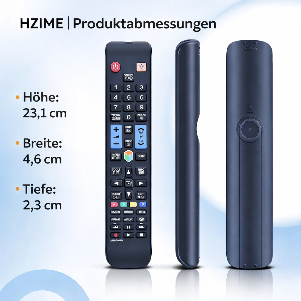 Drei Ansichten einer schwarzen Samsung-Fernbedienung mit Beschriftungen und Maßen.