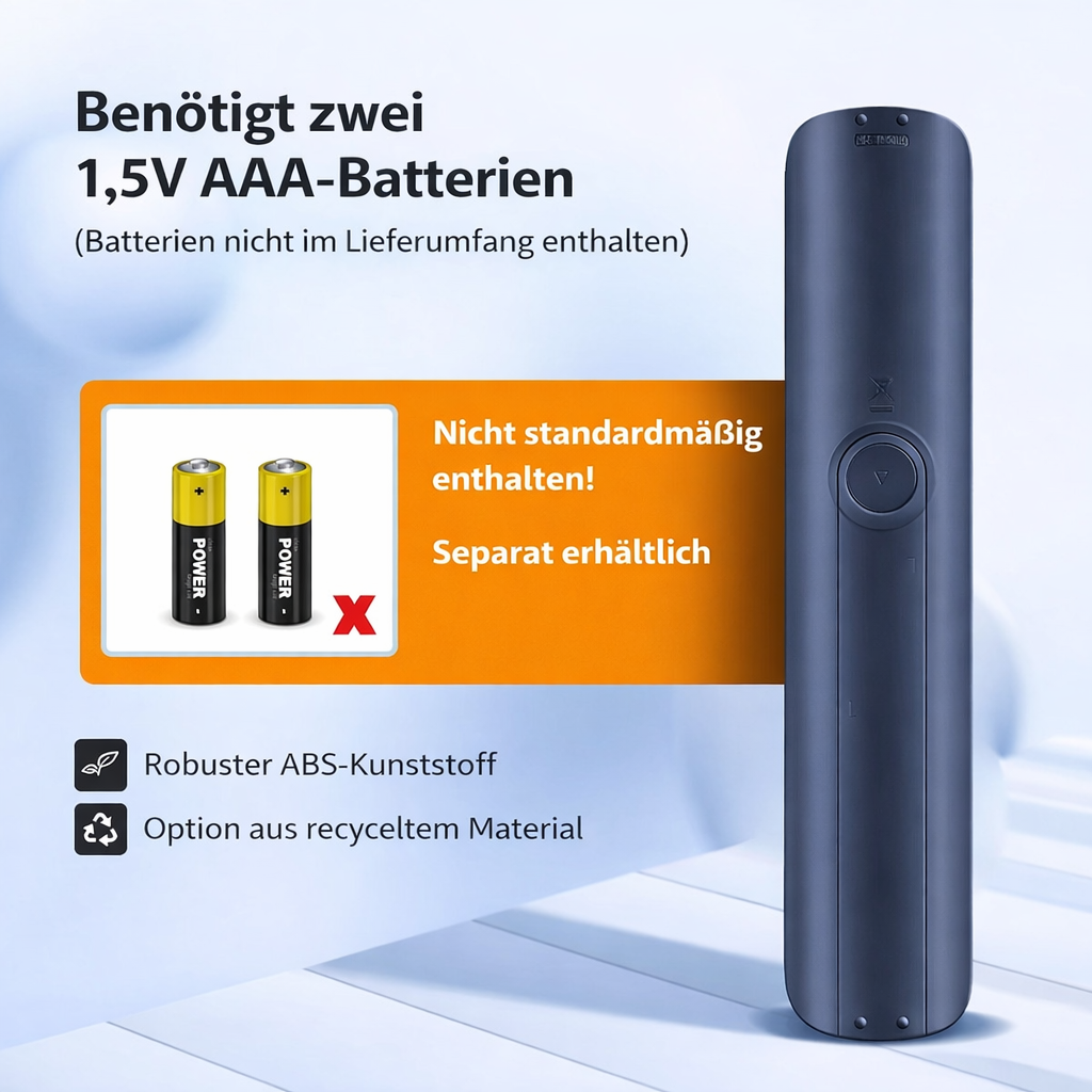 Dunkelblauer Fernbedienungs-Prototyp mit AAA-Batterien und Text.