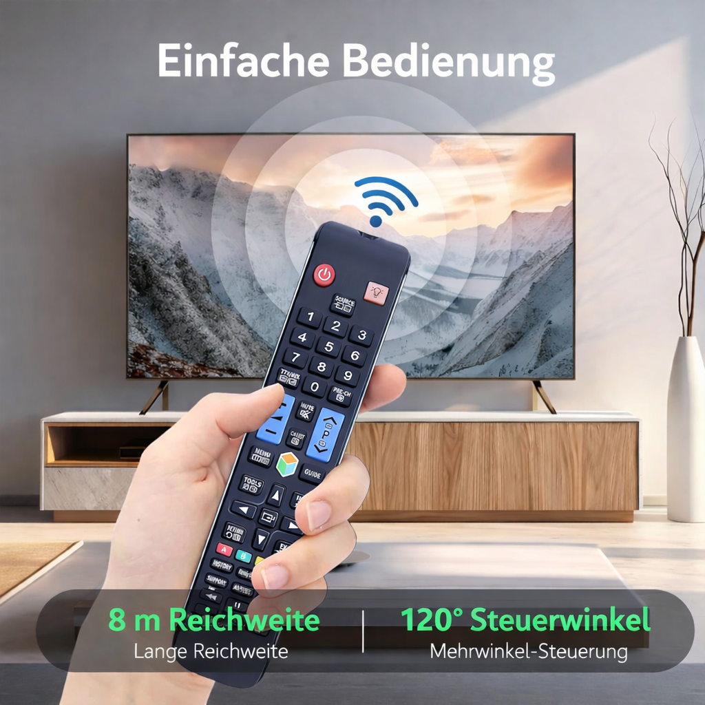 Fernbedienung vor einem modernen Fernseher, der eine Berglandschaft zeigt.