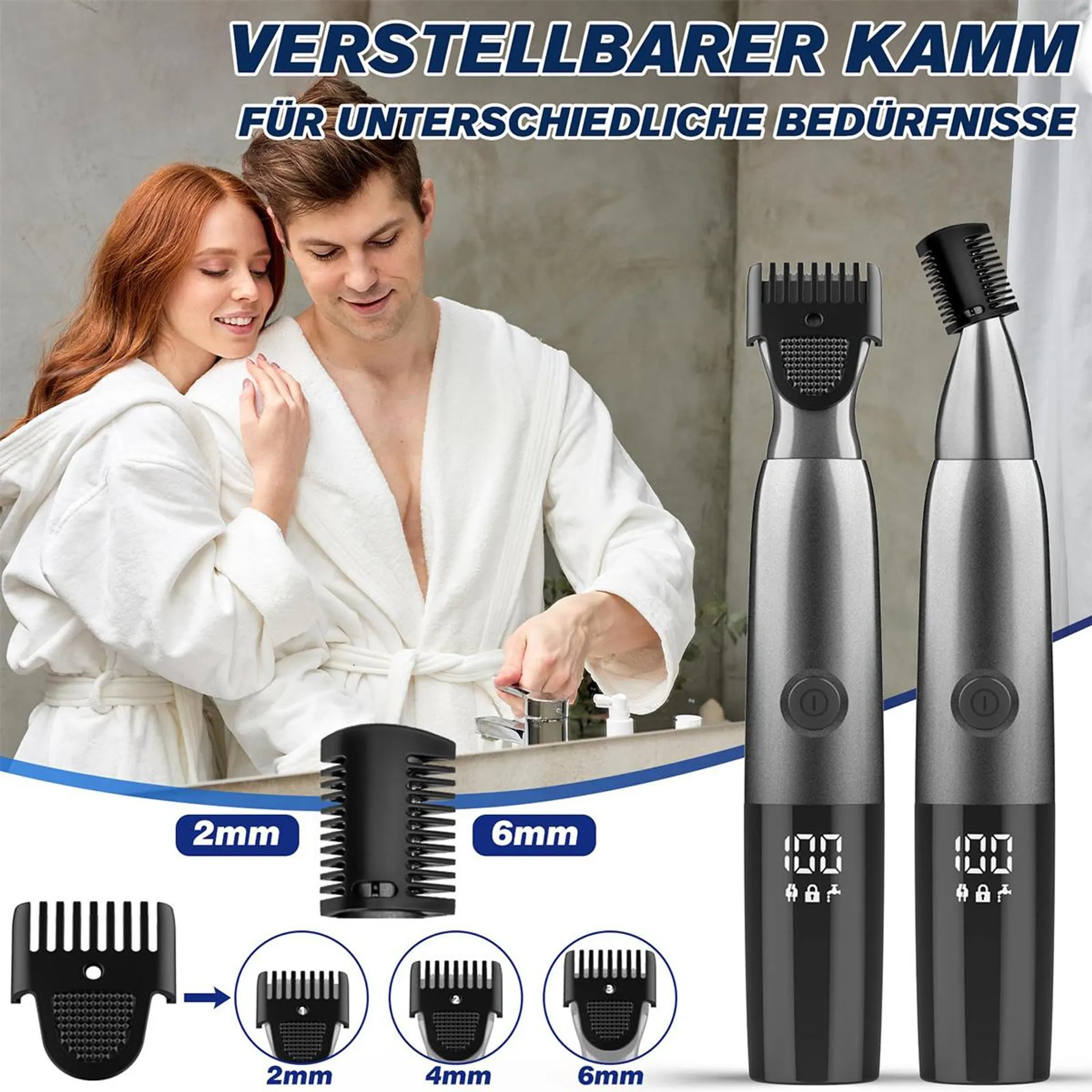 Ein Mann und eine Frau in weißen Bademänteln. Zwei Trimmer und Aufsätze sind abgebildet.