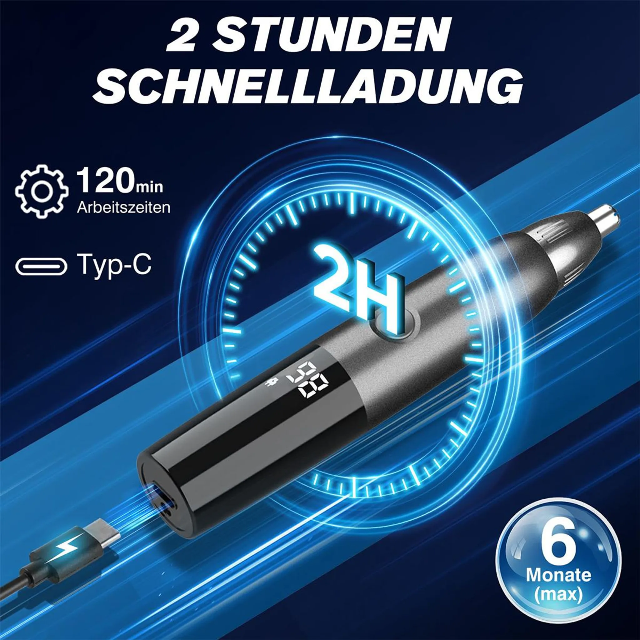 Ein schwarzer Nasentrimmer mit Typ-C Ladeanschluss und digitaler Anzeige.