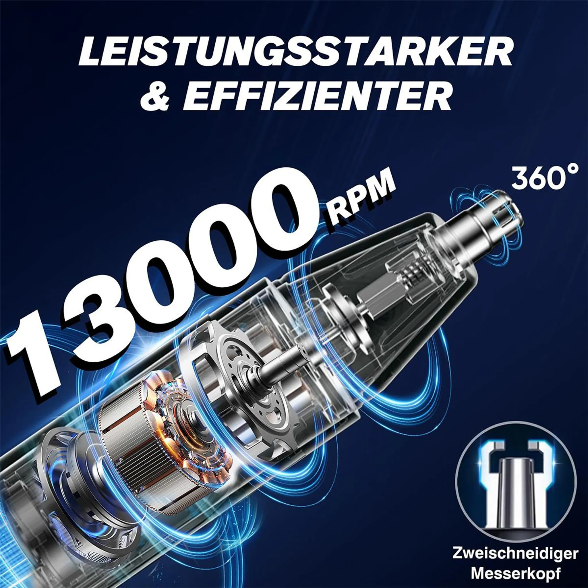 Leistungsstarker Motor mit 13000 U/min und Doppelklingenkopf.