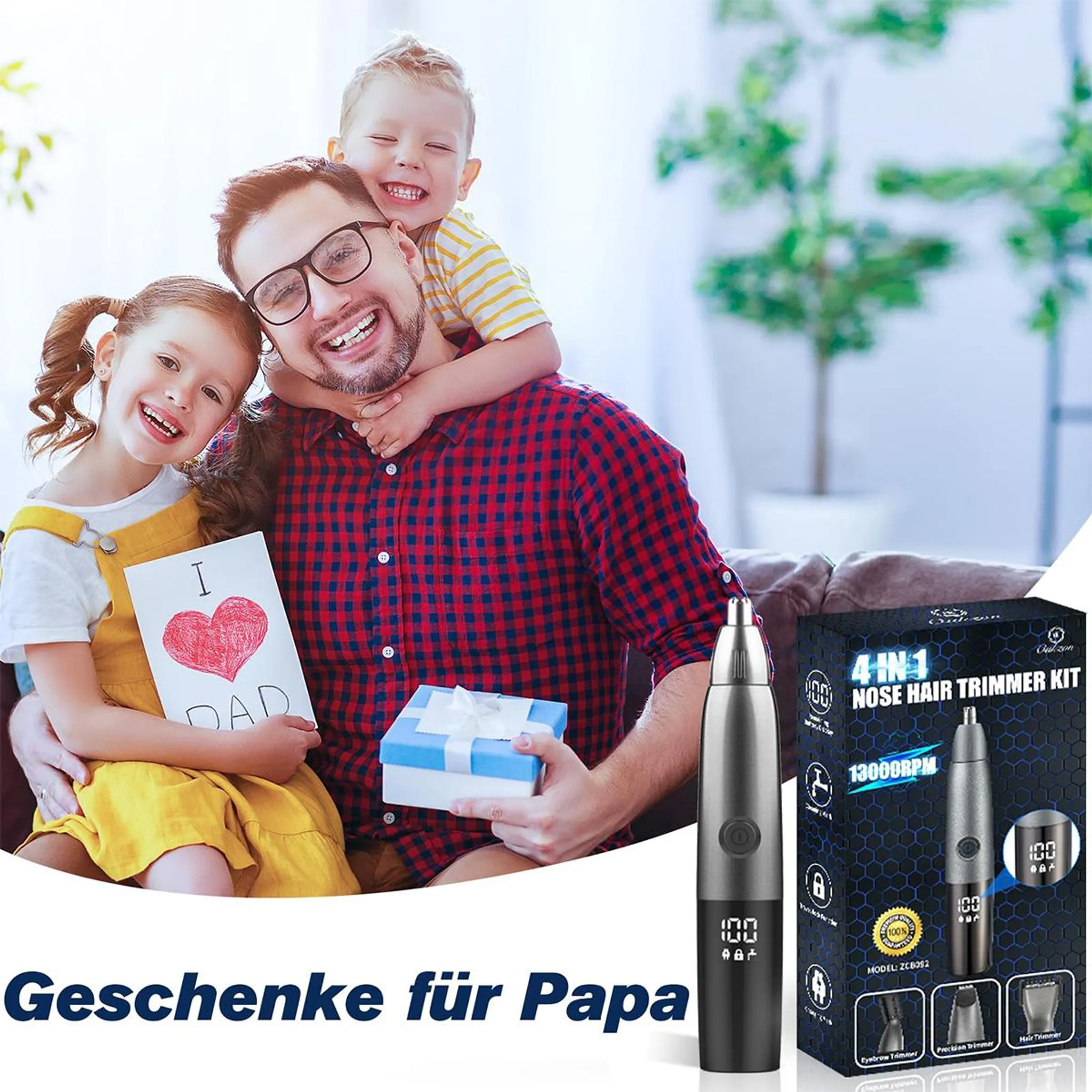 Ein Mann mit zwei Kindern hält eine Geschenkbox und eine Karte. Ein Nasenhaartrimmer-Set ist zu sehen.