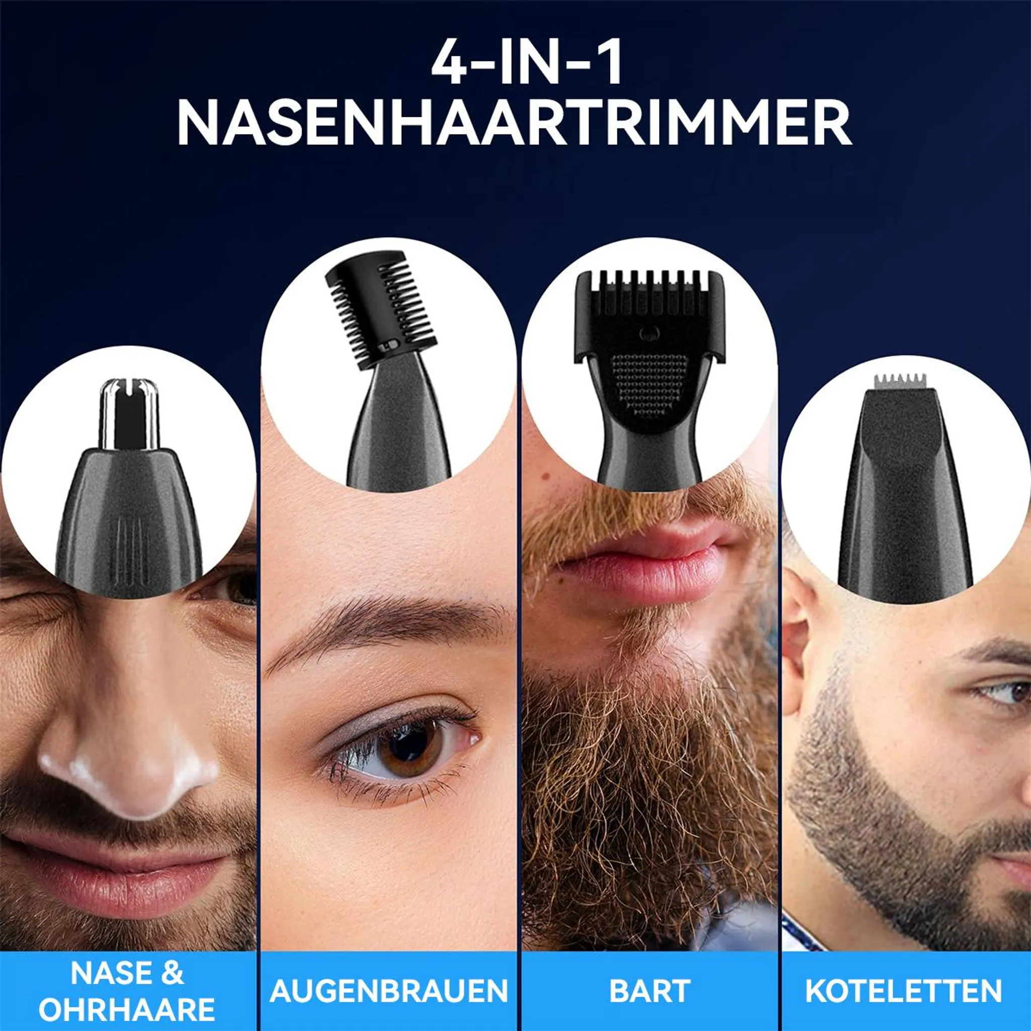 4-in-1 Nasen-/Ohrhaartrimmer: Nahaufnahme von Nasen-, Augenbrauen-, Bart- und Kotelettenaufsätzen.