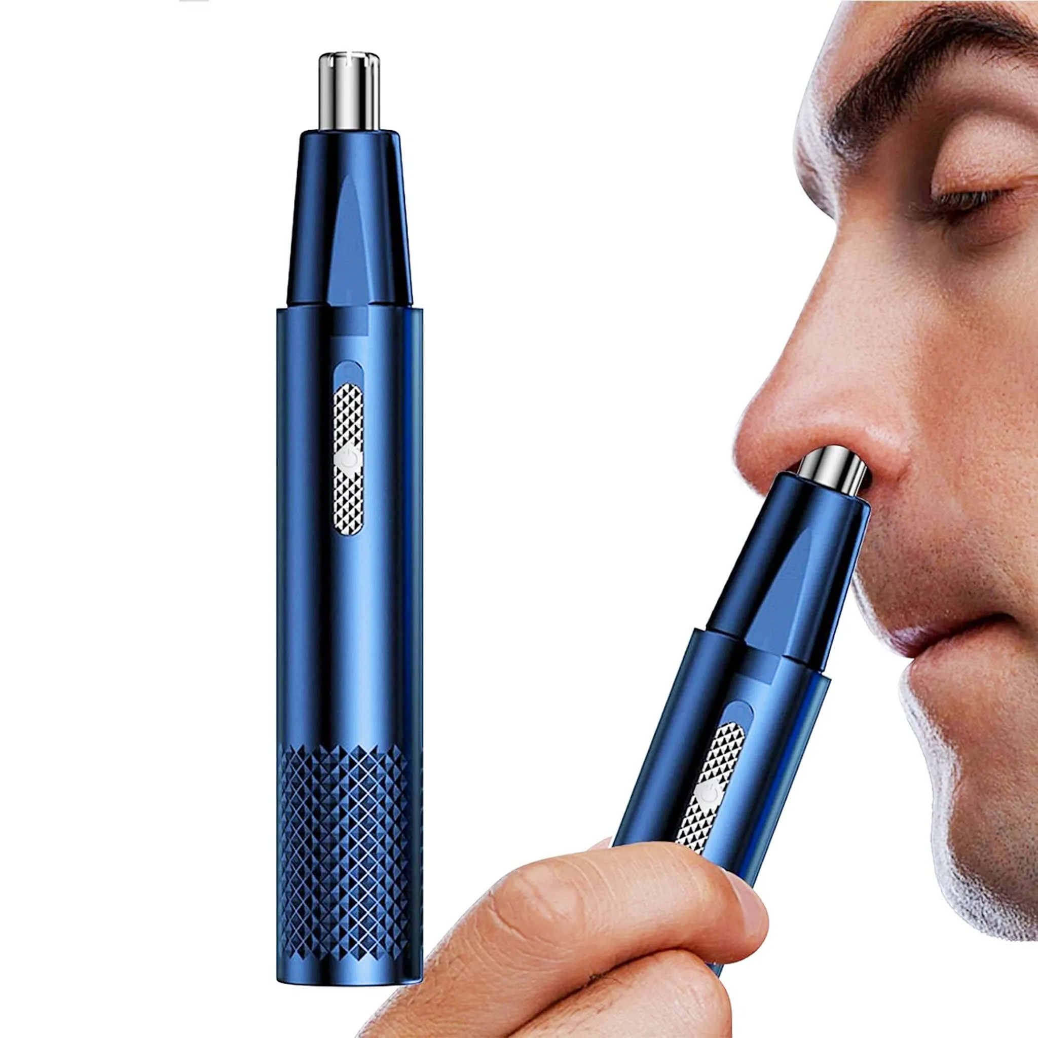 Ein blauer Nasenhaartrimmer ist abgebildet, eine Einheit links und eine weitere, die von einer Person rechts verwendet wird.