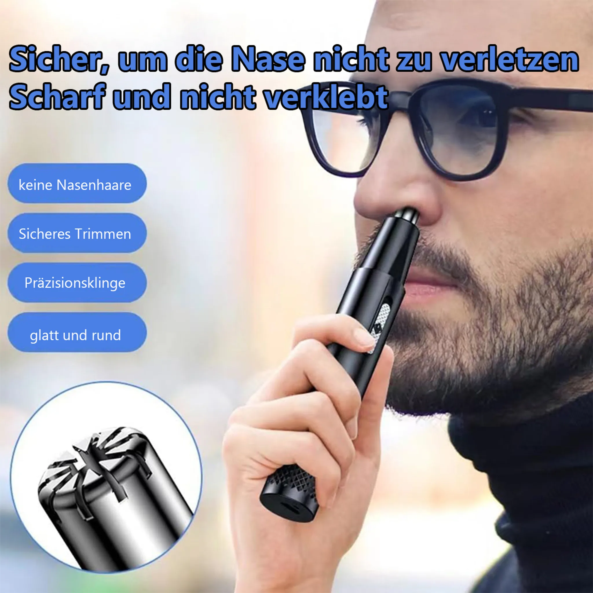 Mann mit Brille benutzt schwarzen Nasenhaartrimmer. Nahaufnahme.