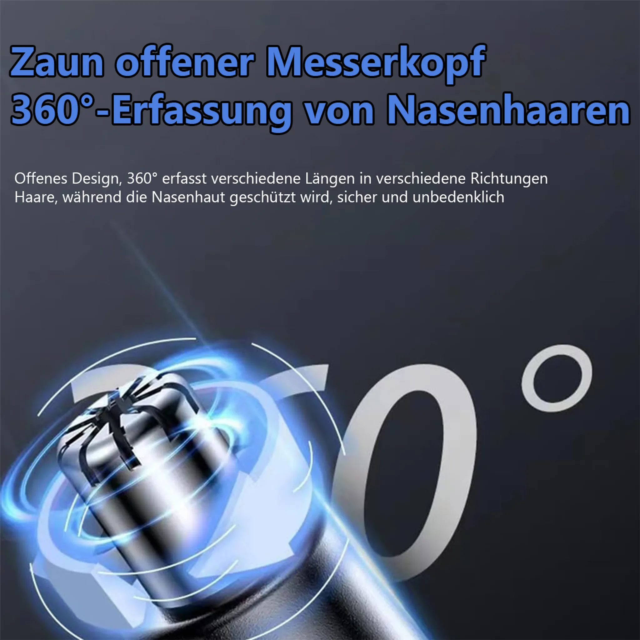Ein silberner Nasenhaartrimmer-Kopf mit blauen Lichteffekten und 360°-Symbol.