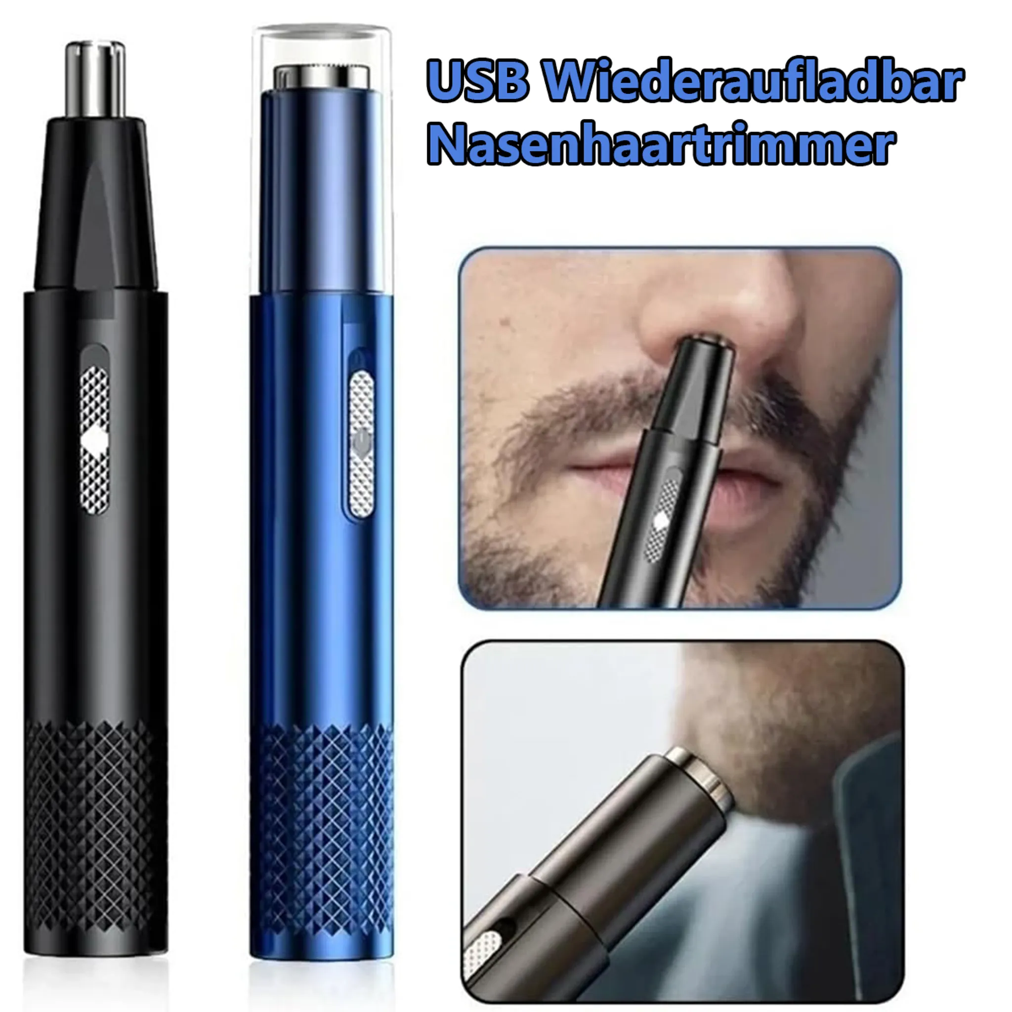 Zwei USB-wiederaufladbare Nasenhaartrimmer, einer schwarz und einer blau.