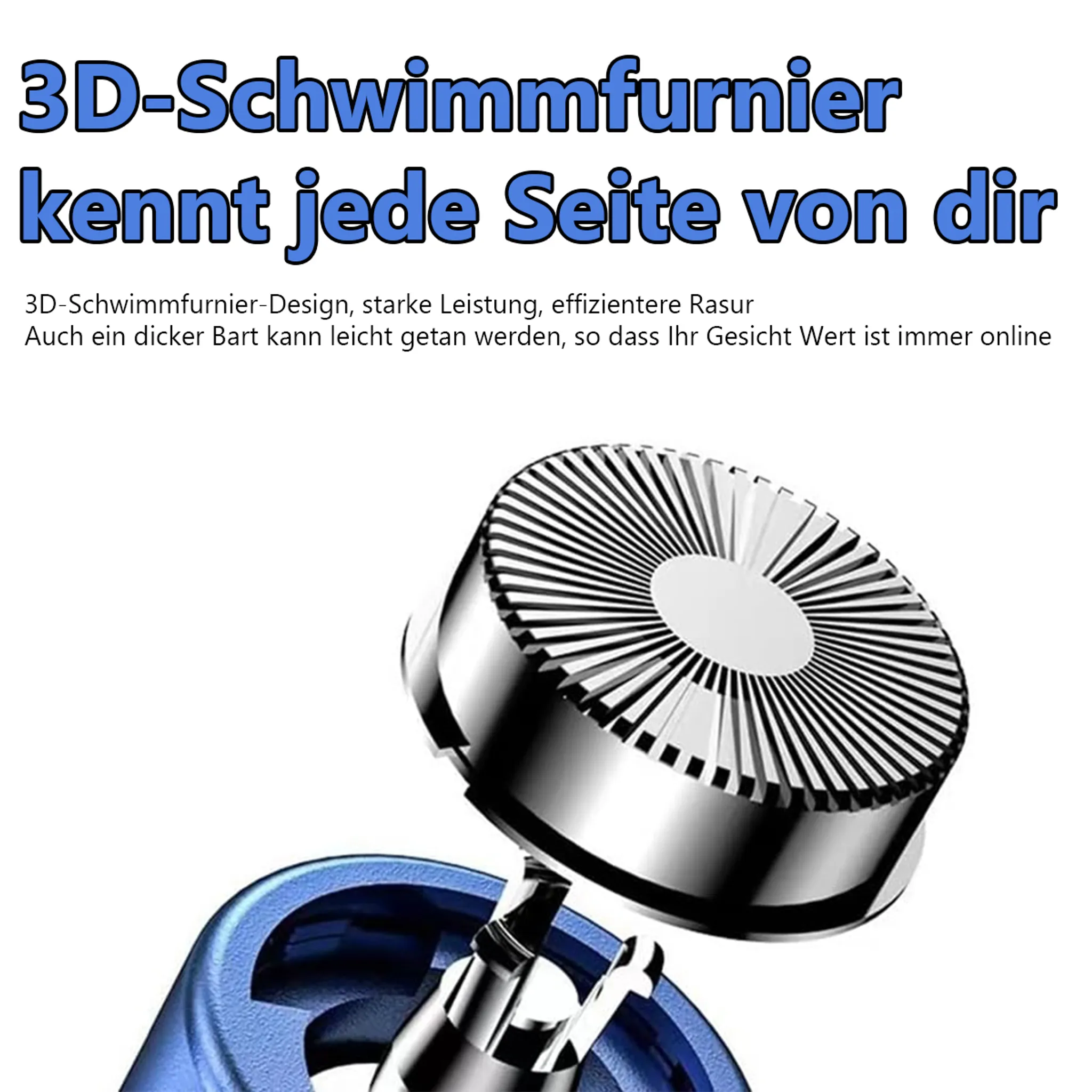 Nahaufnahme eines Rasierkopfes mit 3D-Schwimmfurnier-Design und blauer Basis.