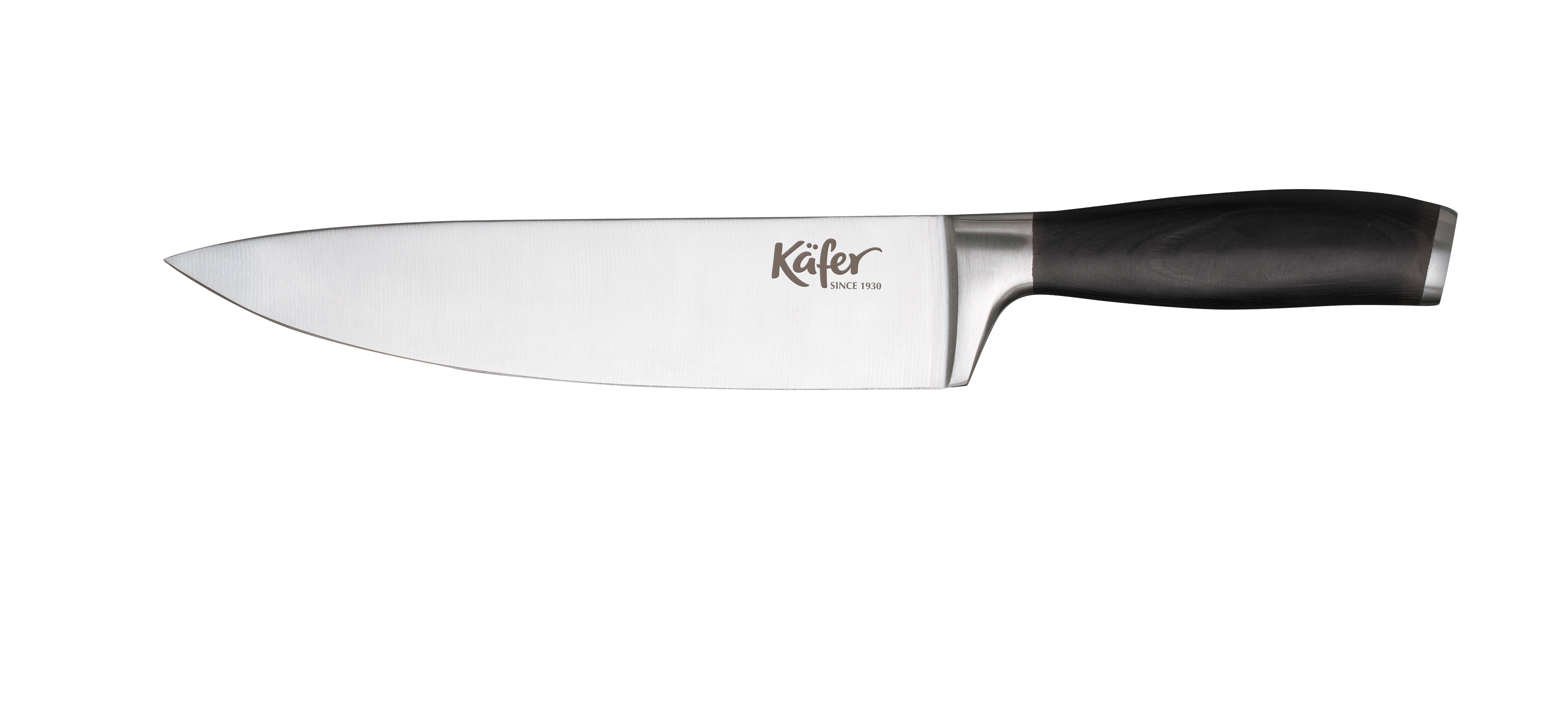 Ein scharfer Kochmesser mit schwarzem Griff und silberner Klinge mit Logo.