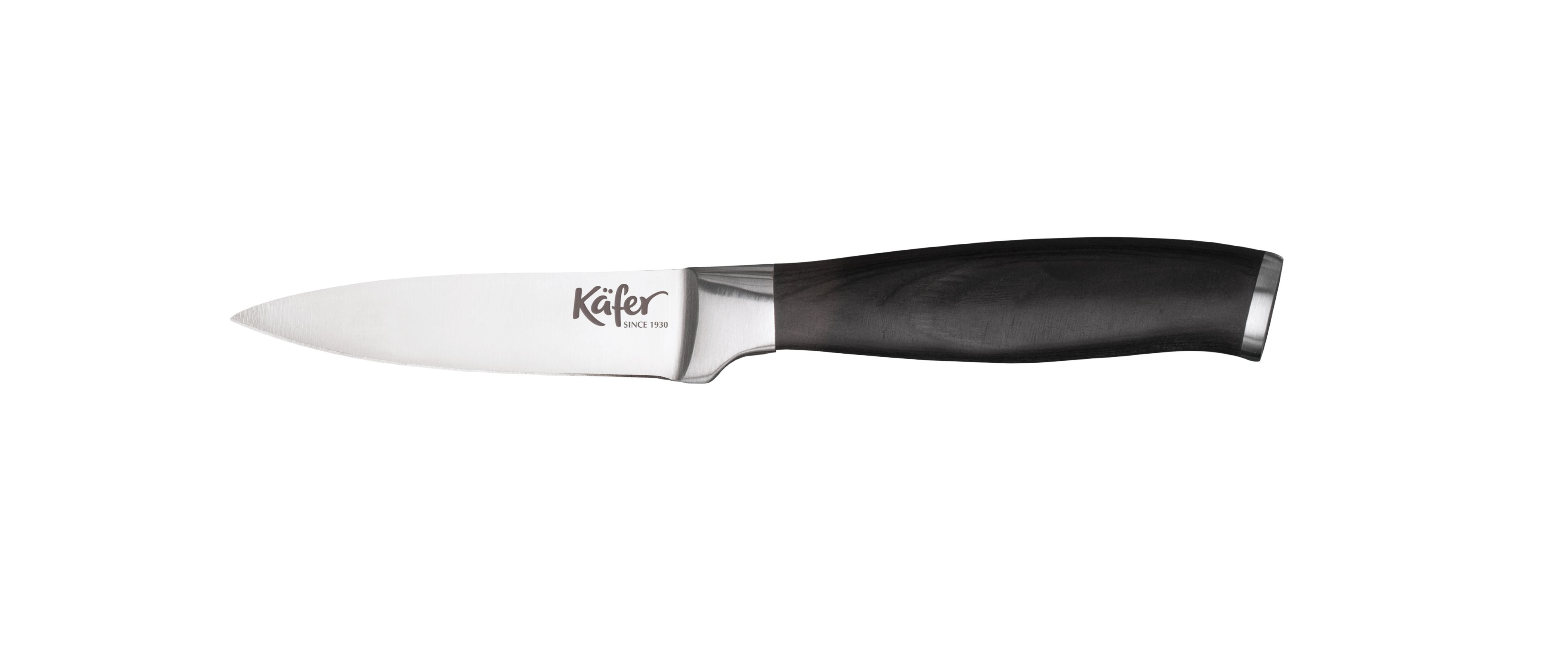 Ein schwarzer Griffmesser mit silberner Klinge und dem Logo 'Käfer'.