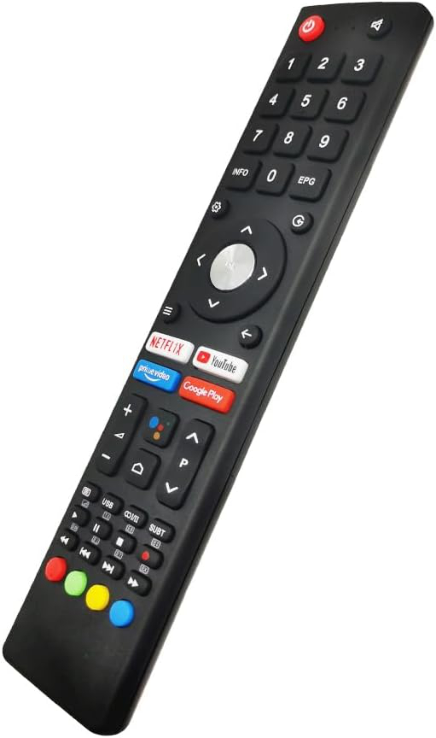 Eine schwarze Fernbedienung mit nummerierten Tasten, Netflix, YouTube, Google Play Tasten.