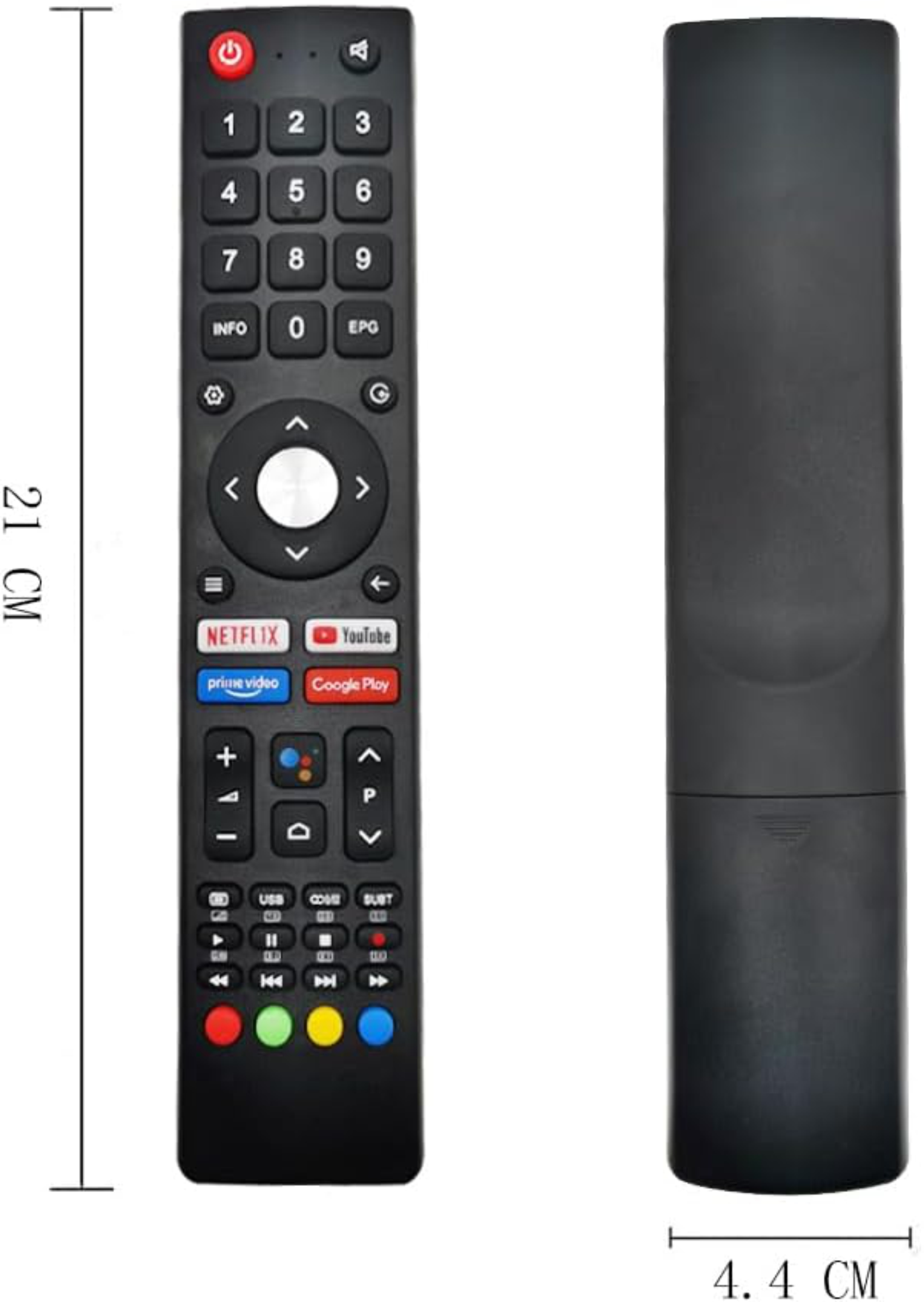 Schwarze Fernbedienung mit Zifferntasten, Navigation und App-Buttons.