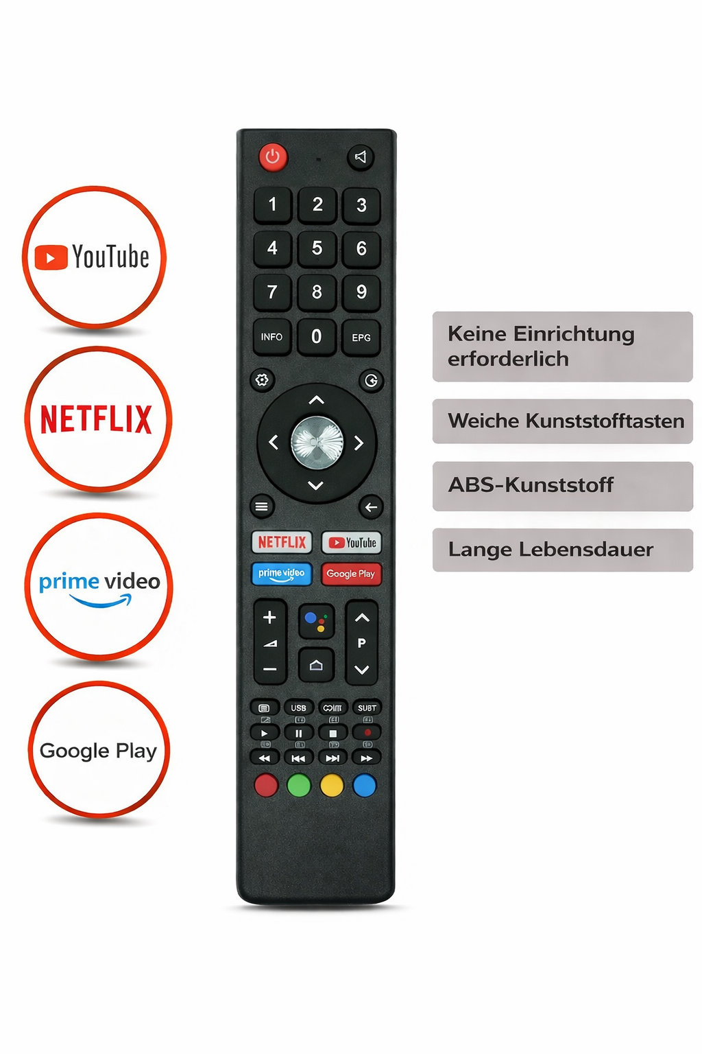 Schwarze Fernbedienung mit Tasten für YouTube, Netflix, Prime Video, Google Play.