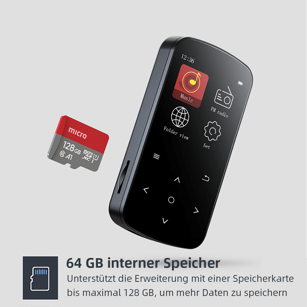 Schwarzer MP3-Player mit Musik-Symbolen und einer 128GB Micro-SD-Karte.
