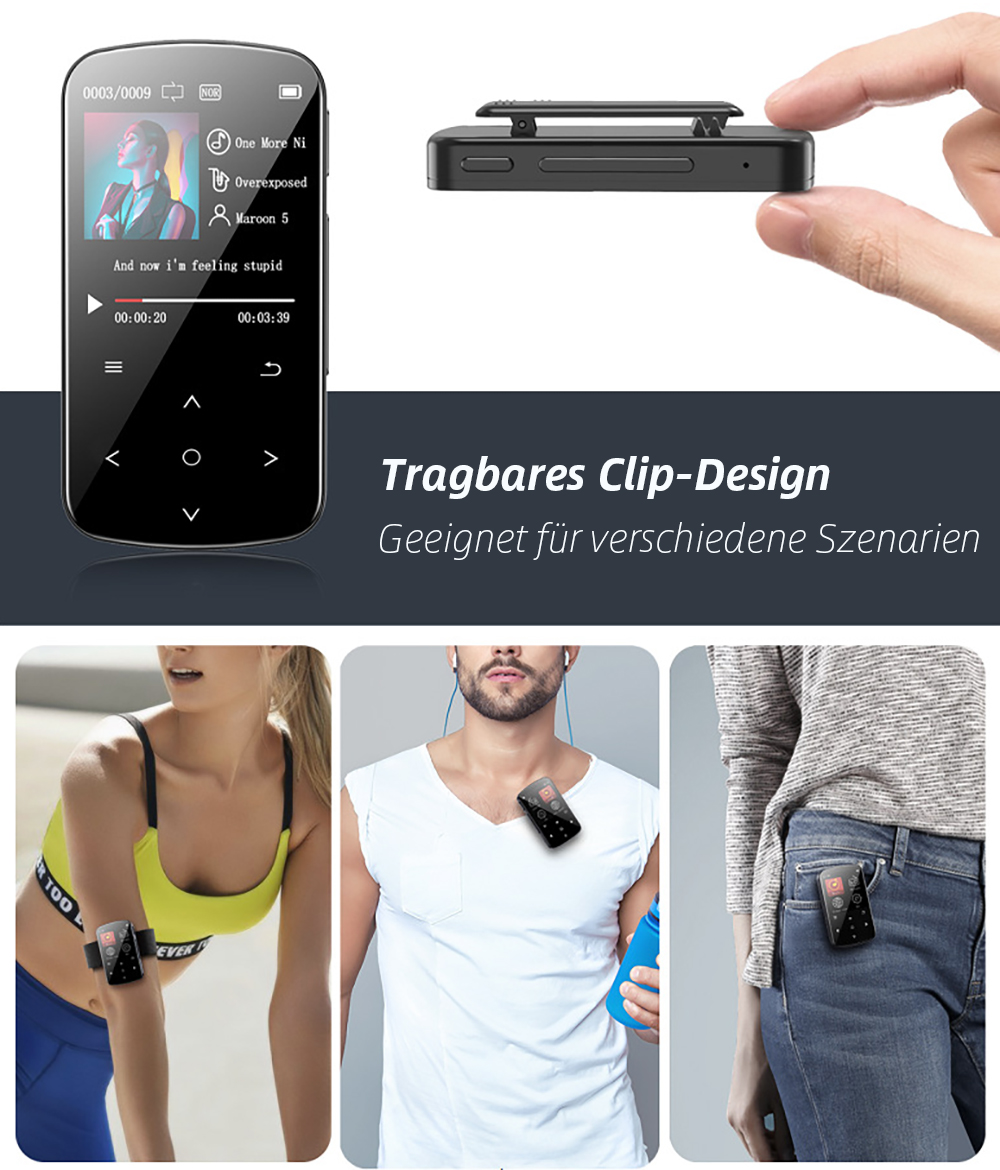 Ein tragbarer Musikplayer mit Clip-Design wird gezeigt, der an Kleidung befestigt ist.