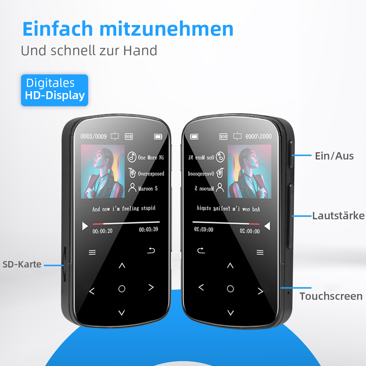 Zwei schwarze MP3-Player nebeneinander mit Bildschirmanzeige und Bedienelementen.