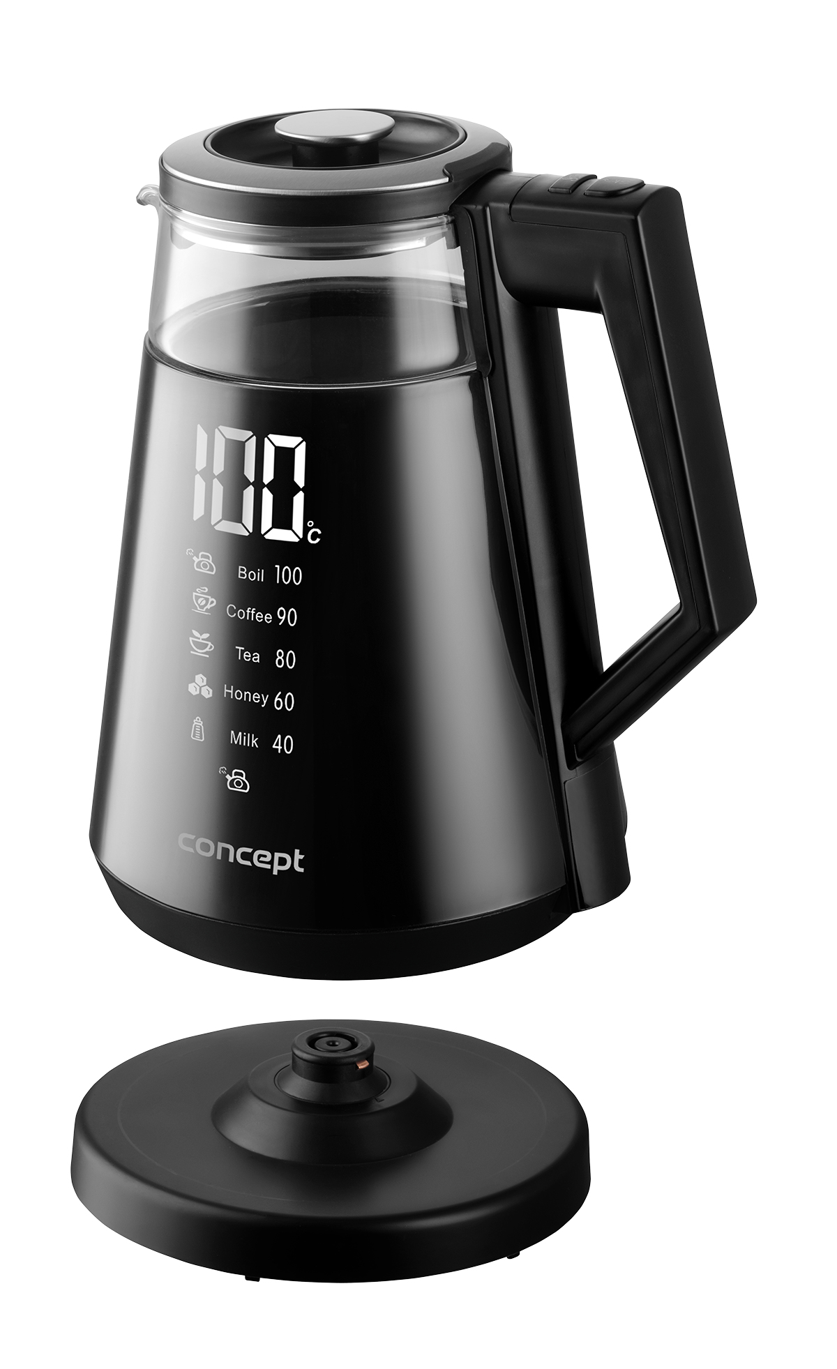 Schwarzer Wasserkocher mit digitaler Anzeige und temperatureinstellungen, mit Sockel.