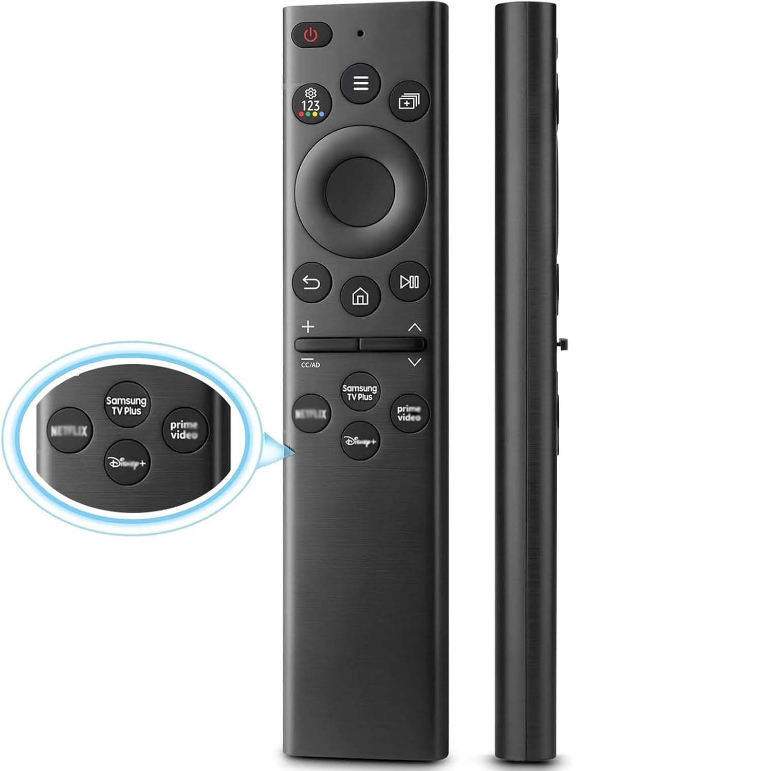Schwarze Fernbedienung mit Tasten und App-Symbolen wie Netflix.