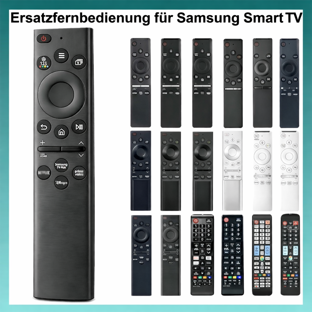 Mehrere Samsung Smart TV-Fernbedienungen in verschiedenen Farben und Designs.