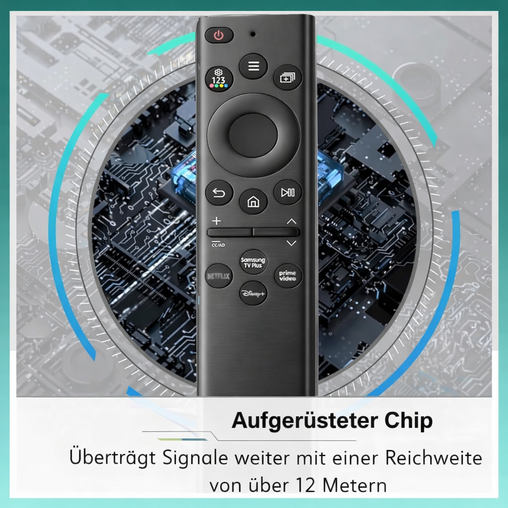 Schwarzer Fernbedienung über einem Chip-Hintergrund mit blauen Kreisen.