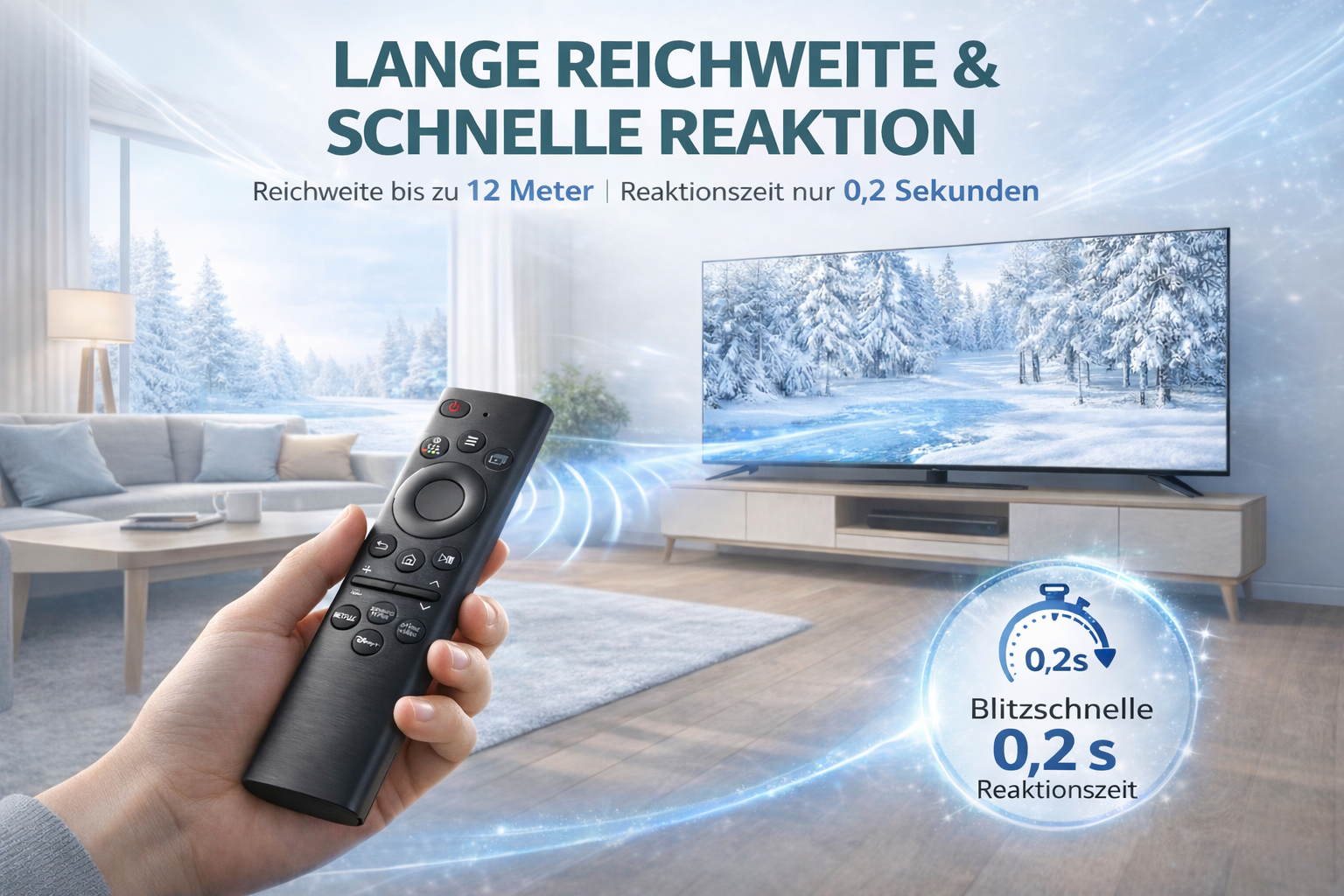 Fernbedienung steuert TV mit Winterlandschaft. 12m Reichweite, 0,2s Reaktion.