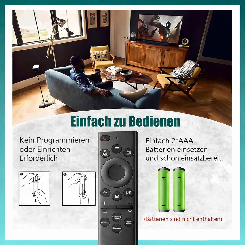 Fernbedienung wird mit AAA-Batterien betrieben, die einfach einzusetzen sind.