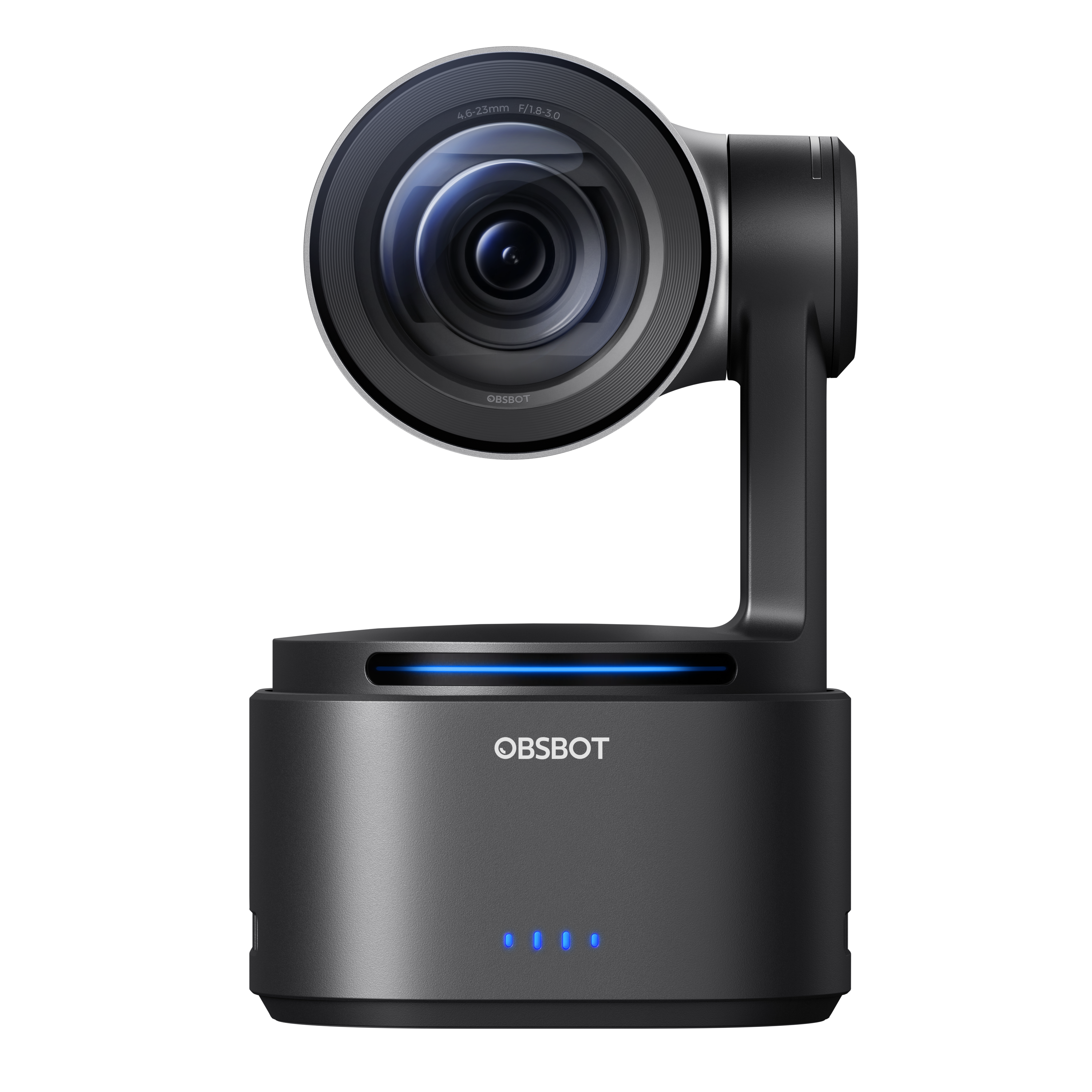 Graue OBSBOT Kamera mit blauer LED-Leiste und vier blauen Lichtern.