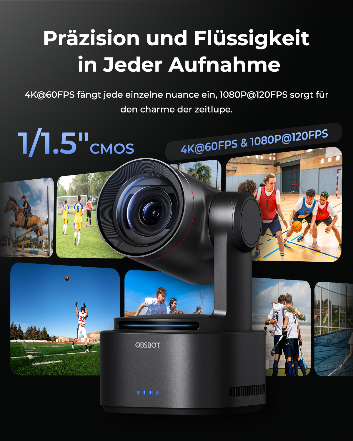 Eine Kamera zeigt verschiedene Sportarten: Reiten, Fußball, Basketball, American Football, Hockey und Tennis.