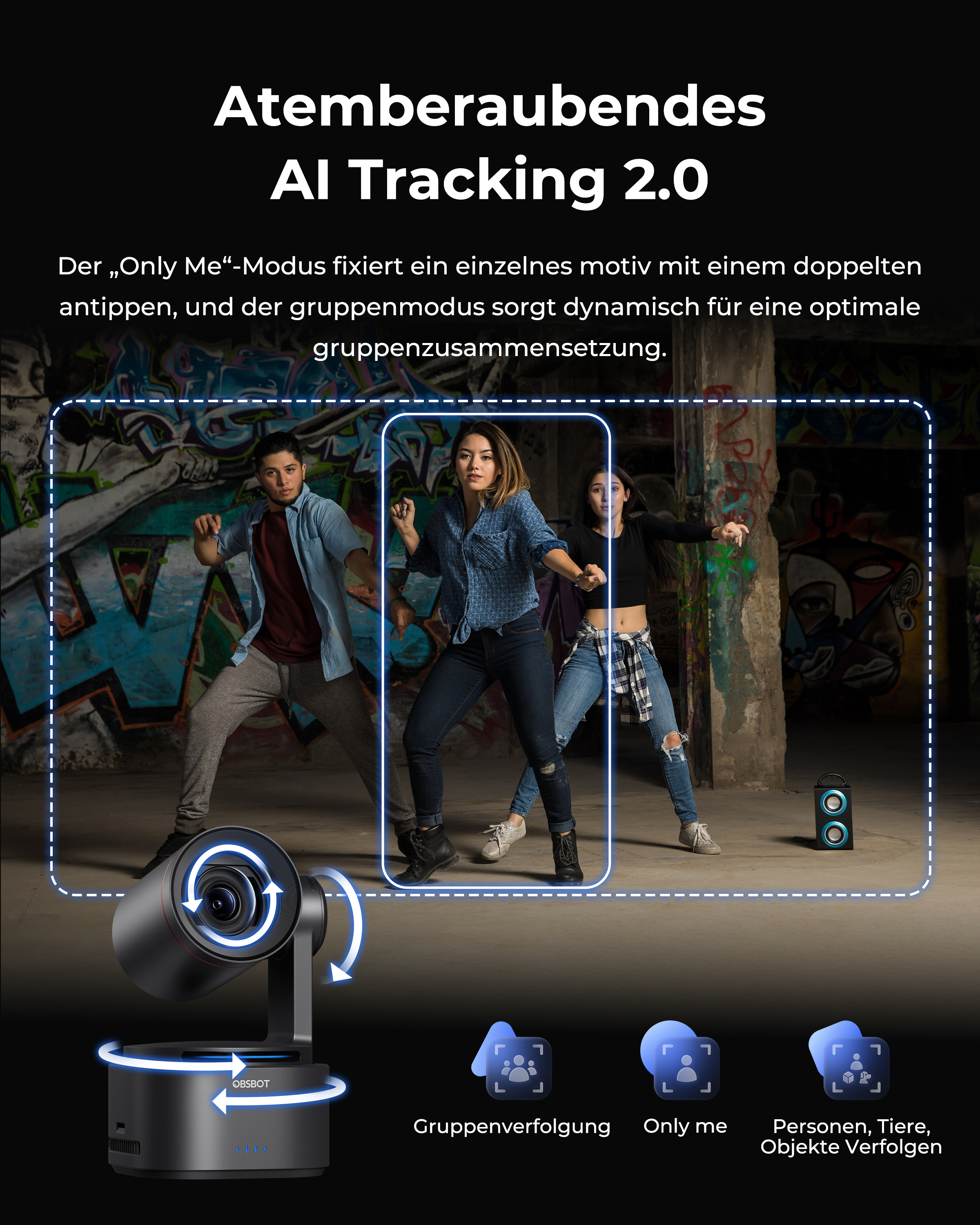 Ein schwarzer AI-Tracker filmt drei tanzende Personen vor Graffiti.