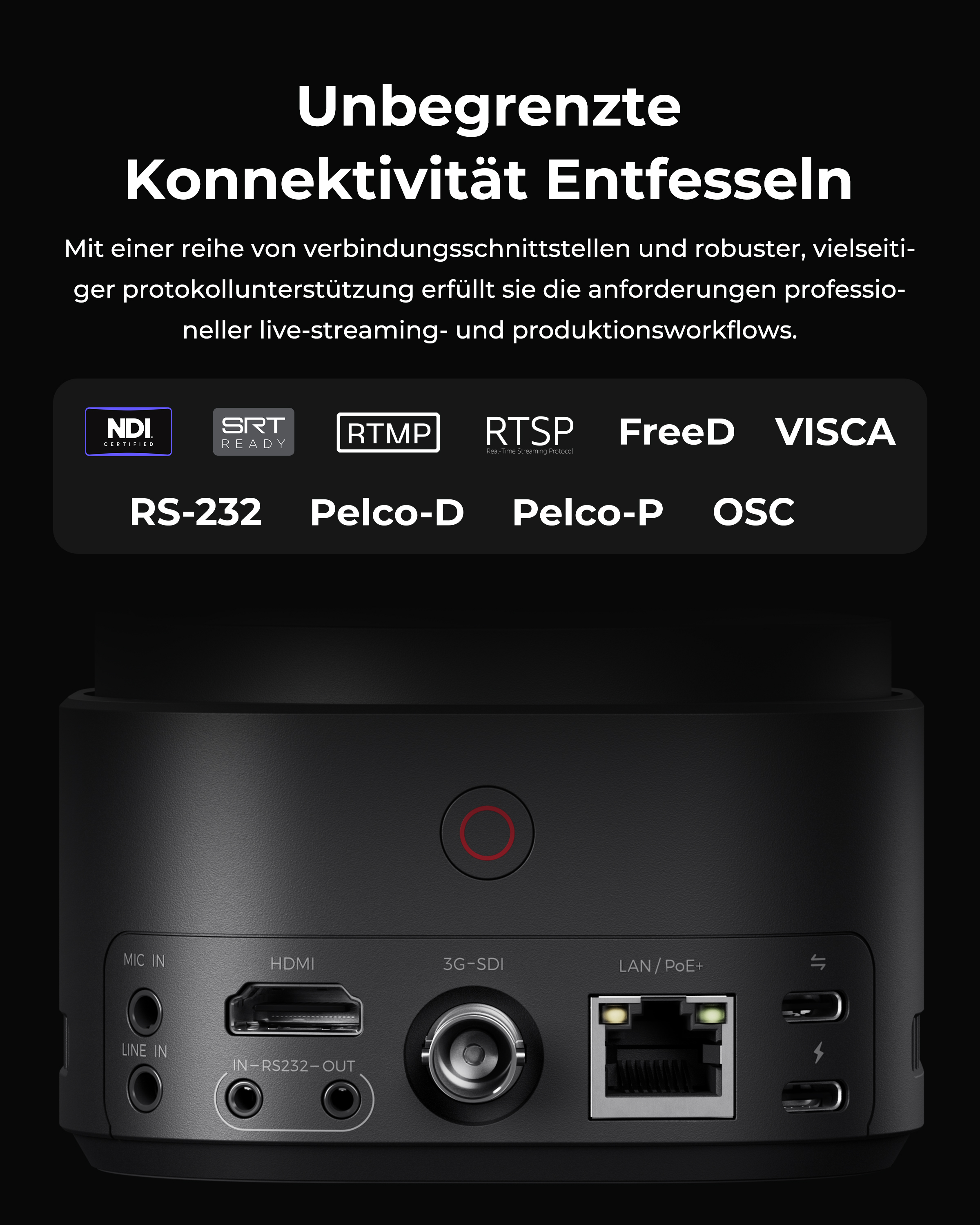Gerät mit Anschlüssen: Mic In, HDMI, 3G-SDI, LAN/PoE+, RS-232. Unterstützt NDI, SRT, RTMP, RTSP, FreeD, VISCA.