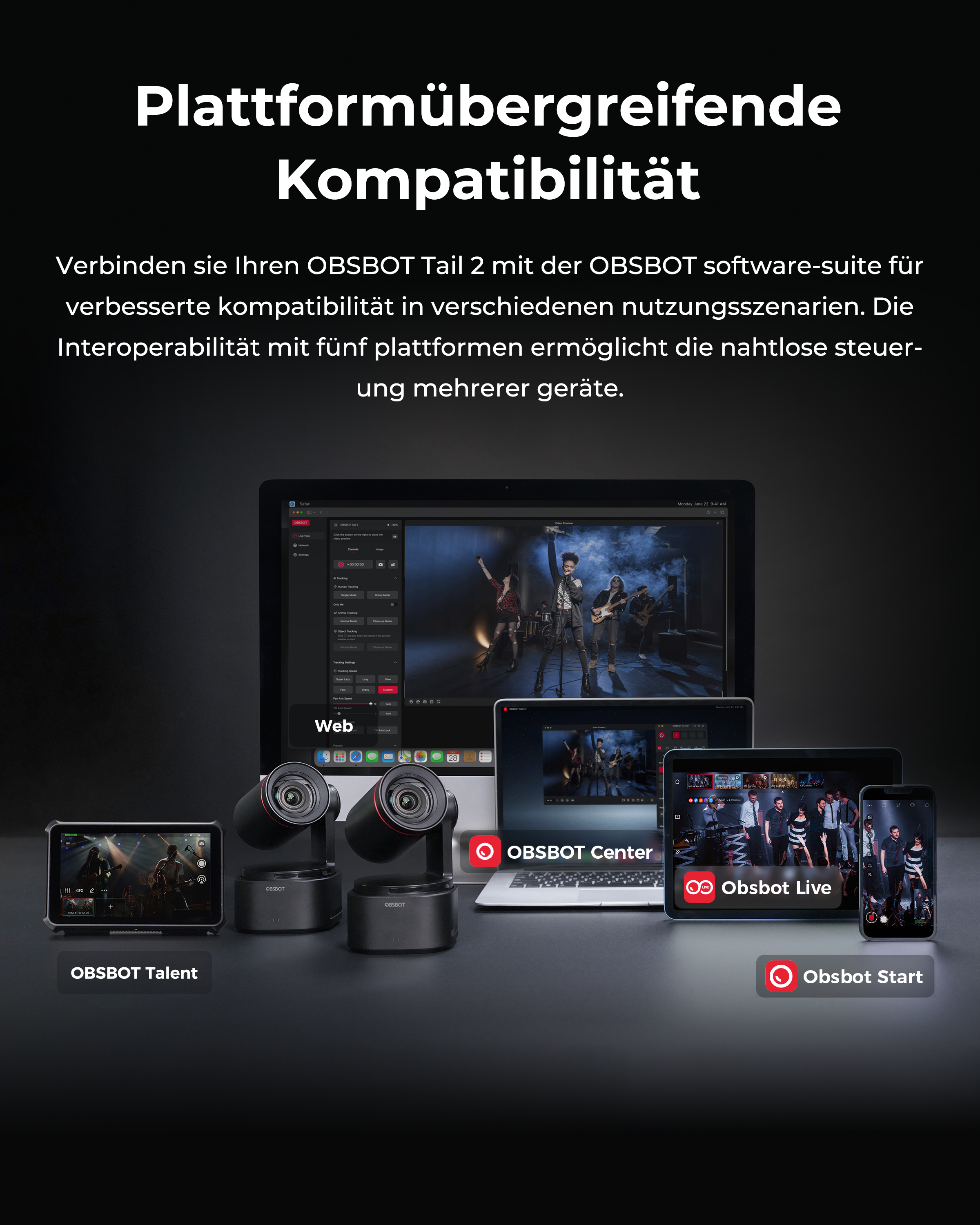 OBSBOT Kameras und Software-Suite auf Laptop, Tablet und Smartphone.
