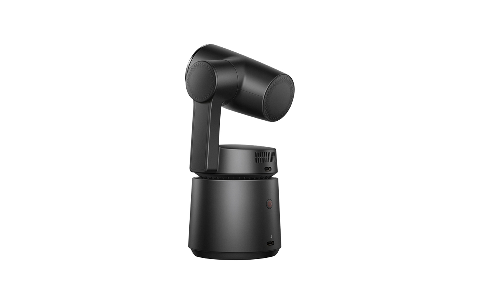 Ein schwarzer motorisierter Gimbal-Stabilisator mit zylindrischer Basis und zweiaxialem Arm.