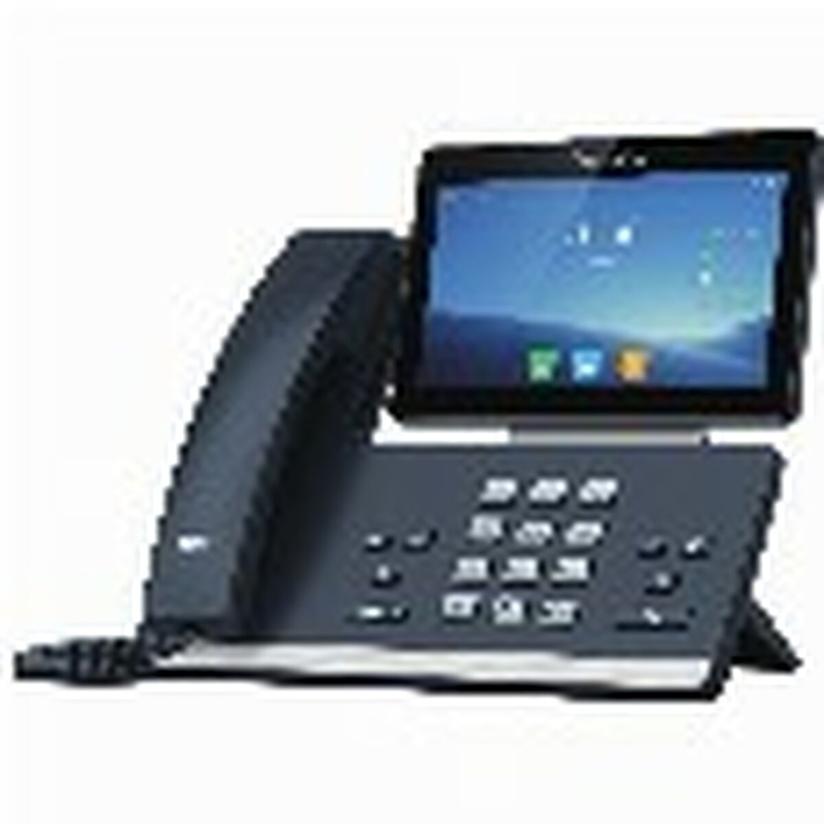 Un telefono da scrivania nero con ampio display touchscreen e fotocamera.