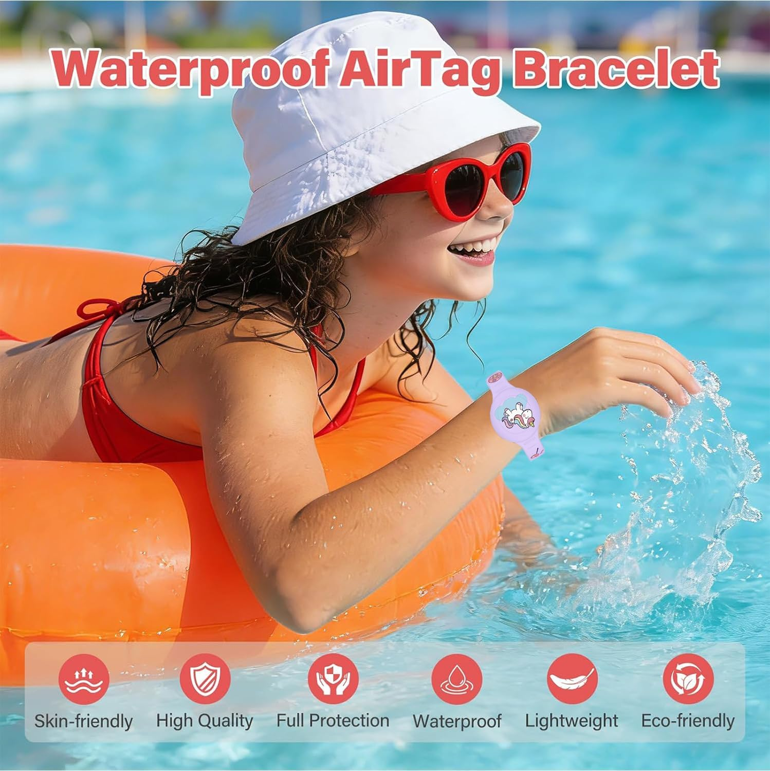 Ein Mädchen mit Sonnenbrille und Hut schwimmt auf einem orangefarbenen Ring in einem Pool.
