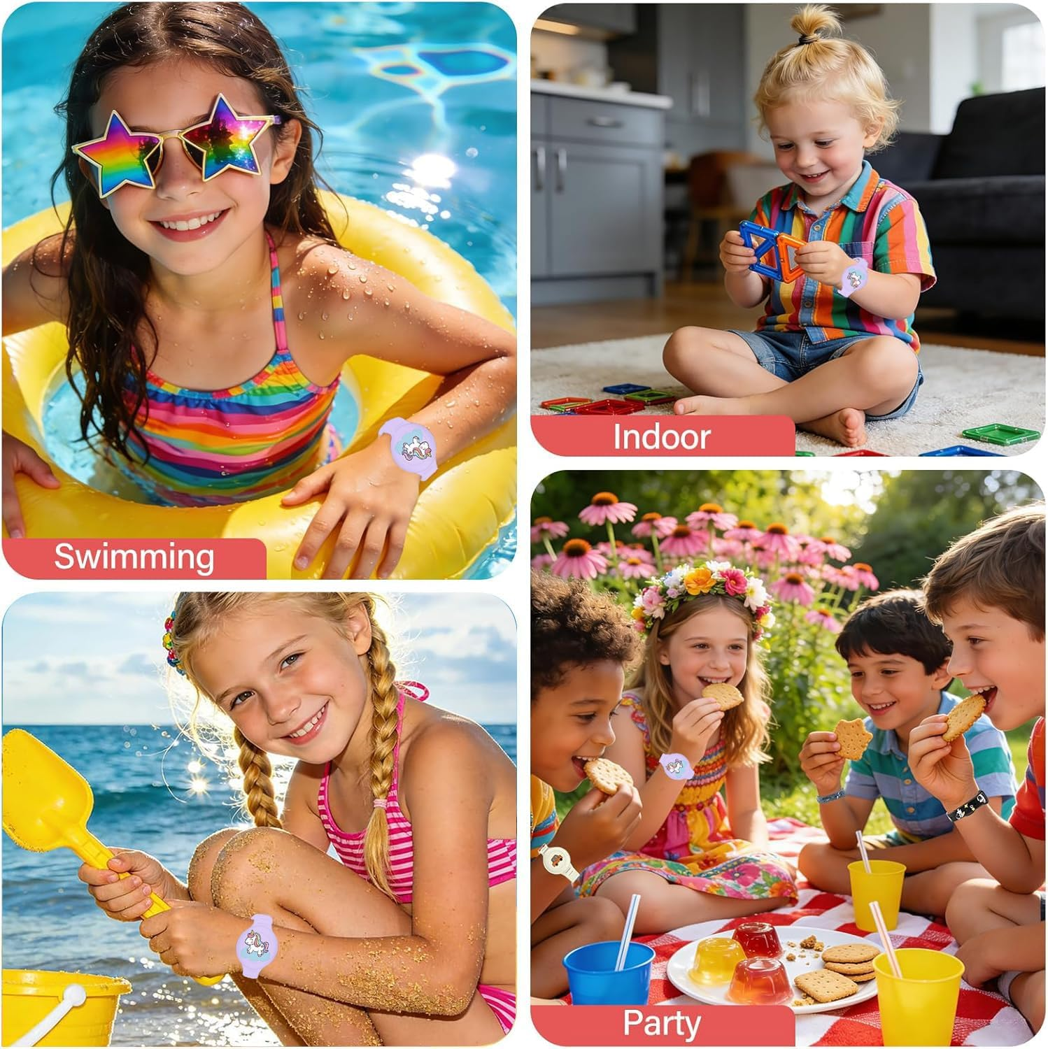 Vier Szenen von Kindern: Schwimmen, drinnen spielen, am Strand und auf einer Party.