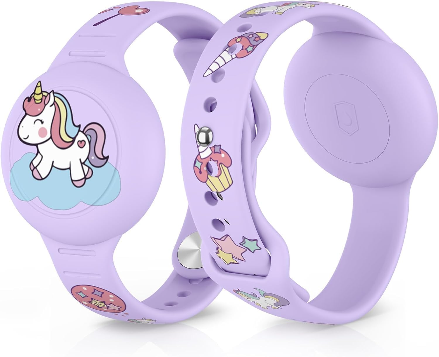 Zwei lila Uhren mit Einhorn- und Cupcake-Motiven.
