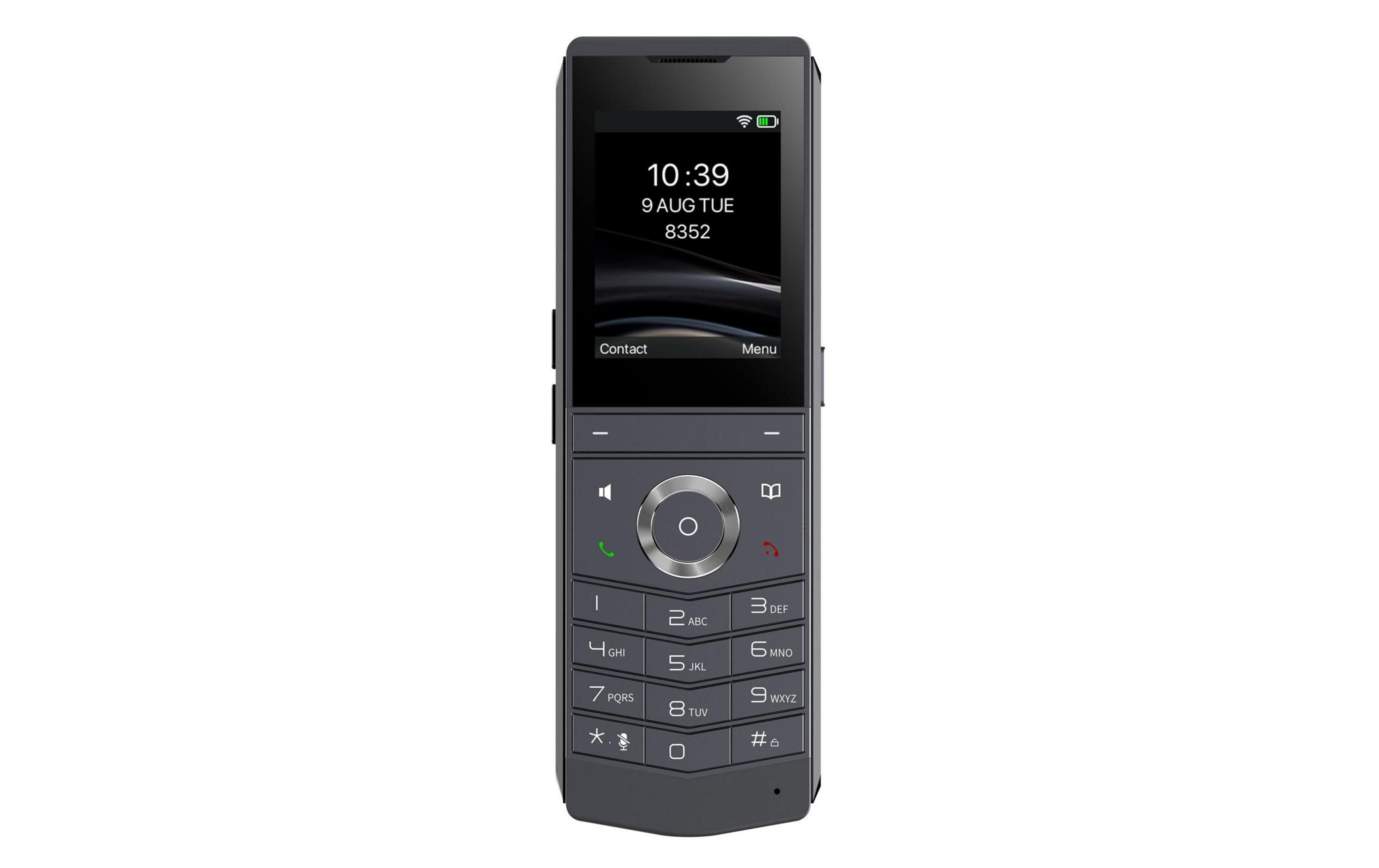 Ciemnoszary telefon komórkowy z klawiaturą numeryczną i kolorowym wyświetlaczem. Pokazuje 10:39.